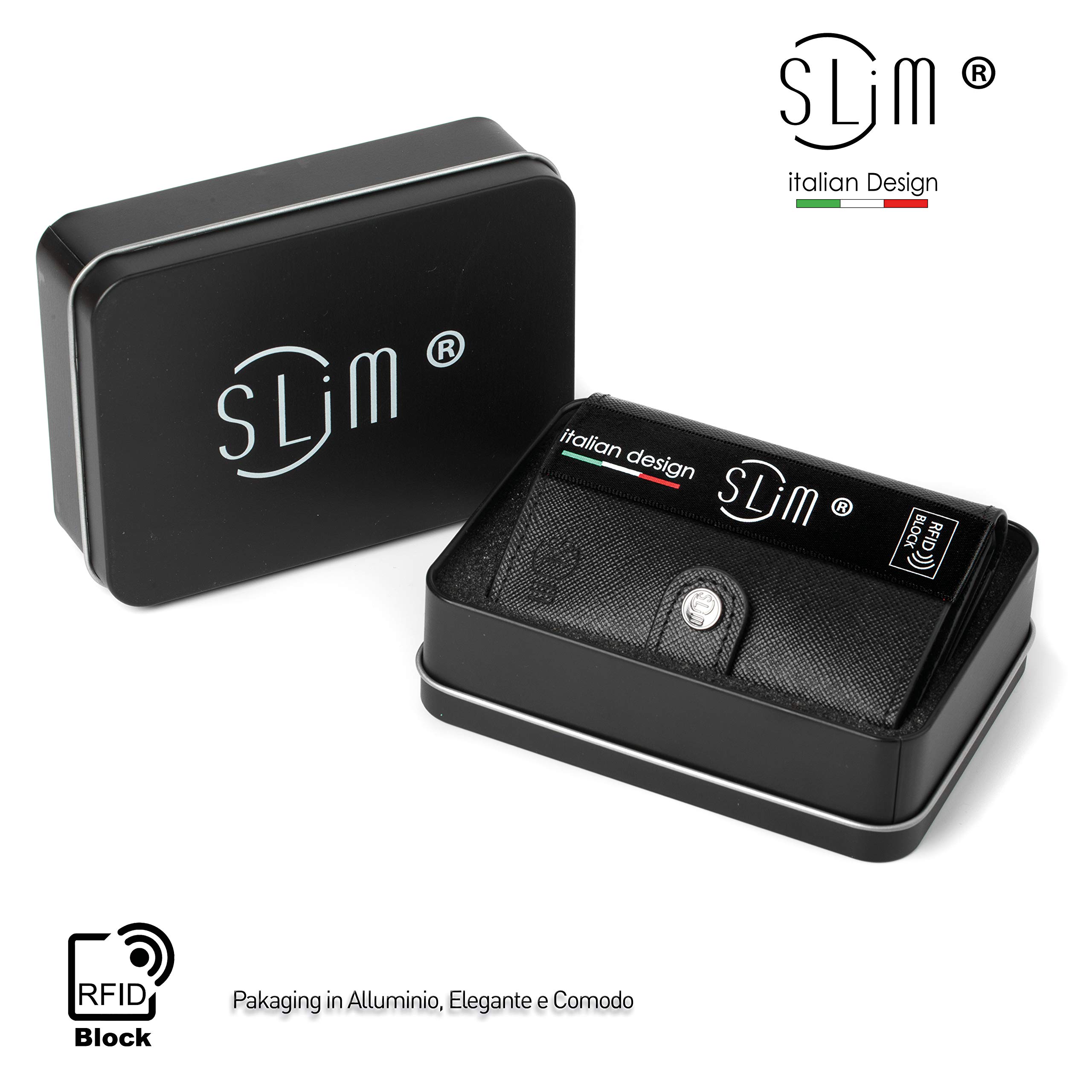 SLim Porta Carte di Credito Schermato Portafoglio Uomo Rfid Portatessere Anticlonazione Donna Portacarte Uomo (Saffiano Nero, Senza Zip)