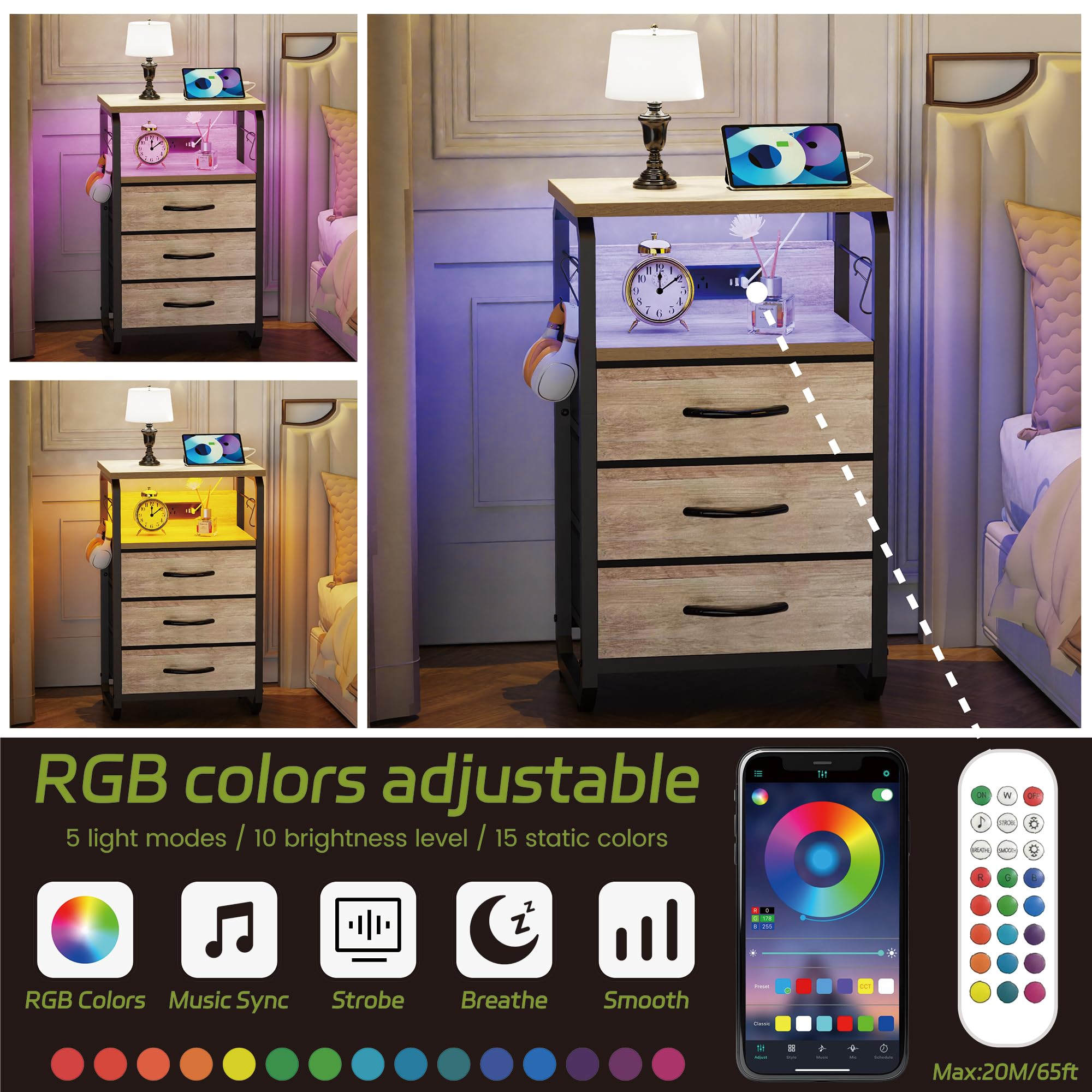 runjuly Tavolino da letto con 3 cassetti in tessuto, comodino con stazione di ricarica, comodino a LED con ganci, comodini con contenitore, comodini per soggiorno, camera da letto (beige)