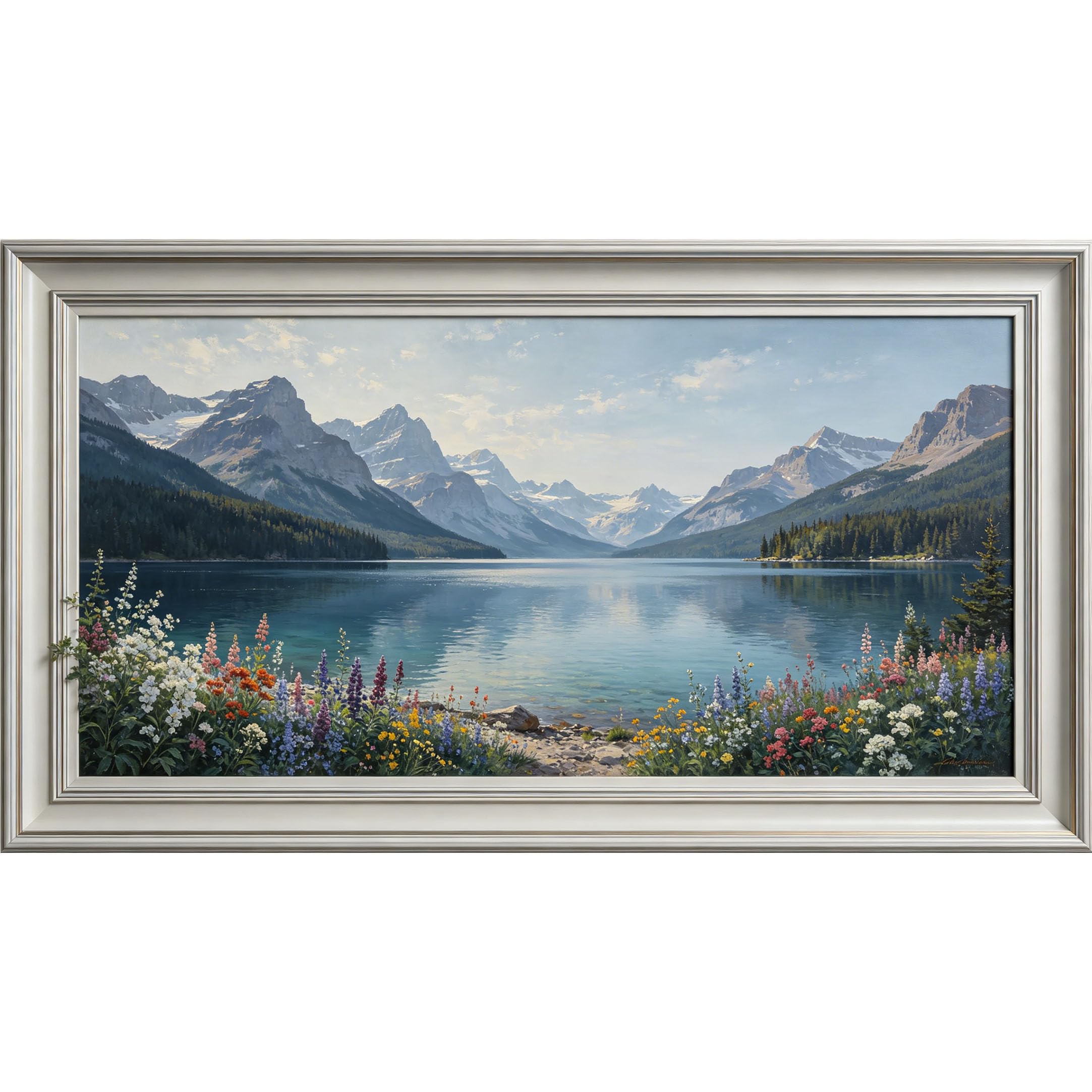 QZLITHOTIC 50x90cm3D Framed Wall Art， Mountain Lake Landscape Botanical Self‑Adhesive Mural， Water‑Activated Peel & Stick Fabric Decor Wall Decal for Bedroom Living Room