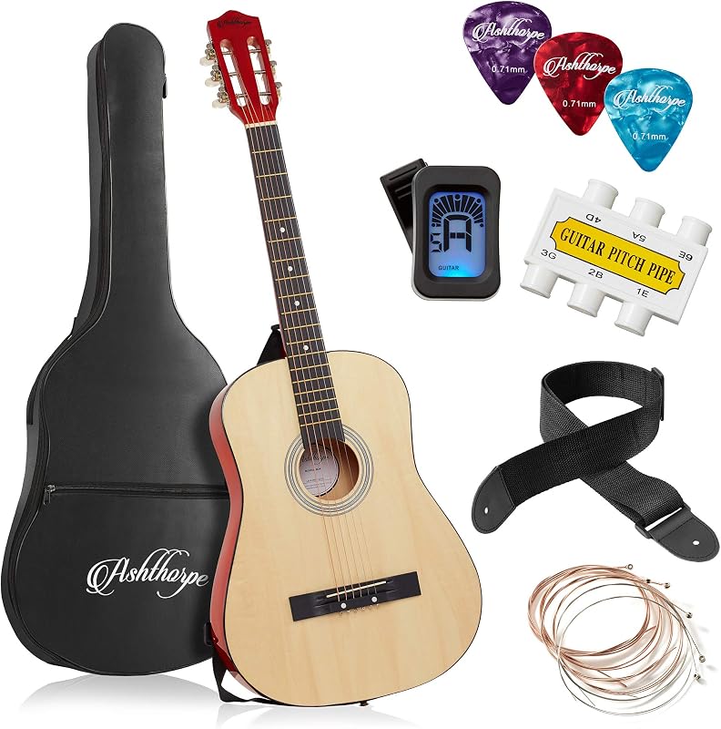 Ashthorpe Guitarra acústica para principiantes de 38 pulgadas (natural), kit de iniciación con funda, cuerdas adicionales, correa, púas y lecciones