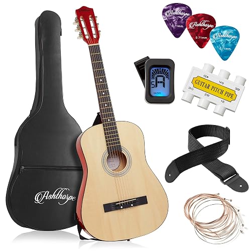 Ashthorpe 38-inch Beginner Acoustic Guitar (Natural), Starter Kit with Gig