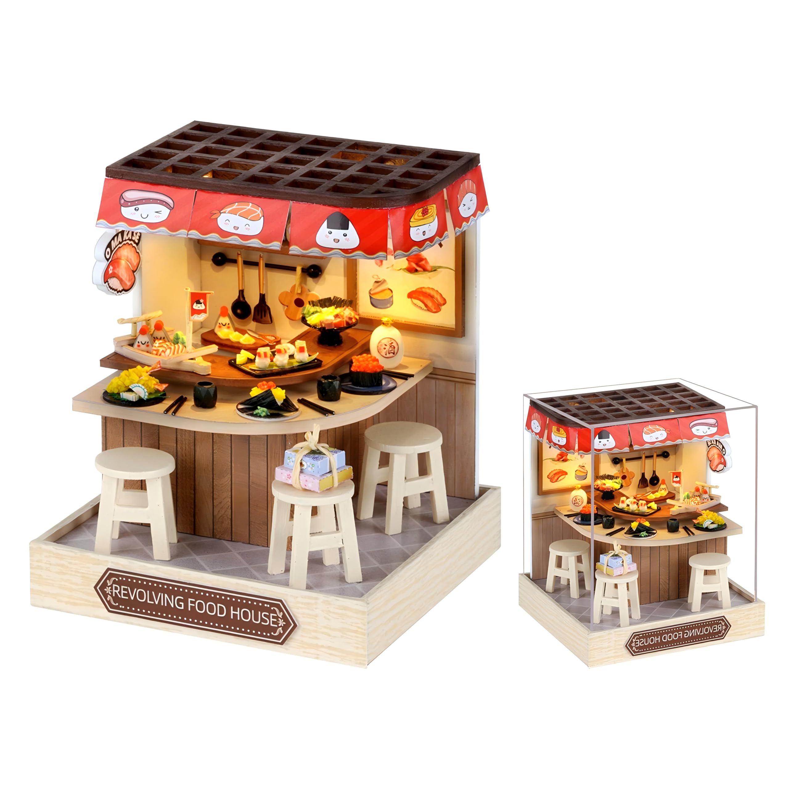 Lycidae DIY Miniature House Kit, Mini Dollhouses, 3D Wooden Kit with LED and Dust Cover, Handmade Crafts for Children Teens Adults Friends Birthday Home Decor(Revolving Food)