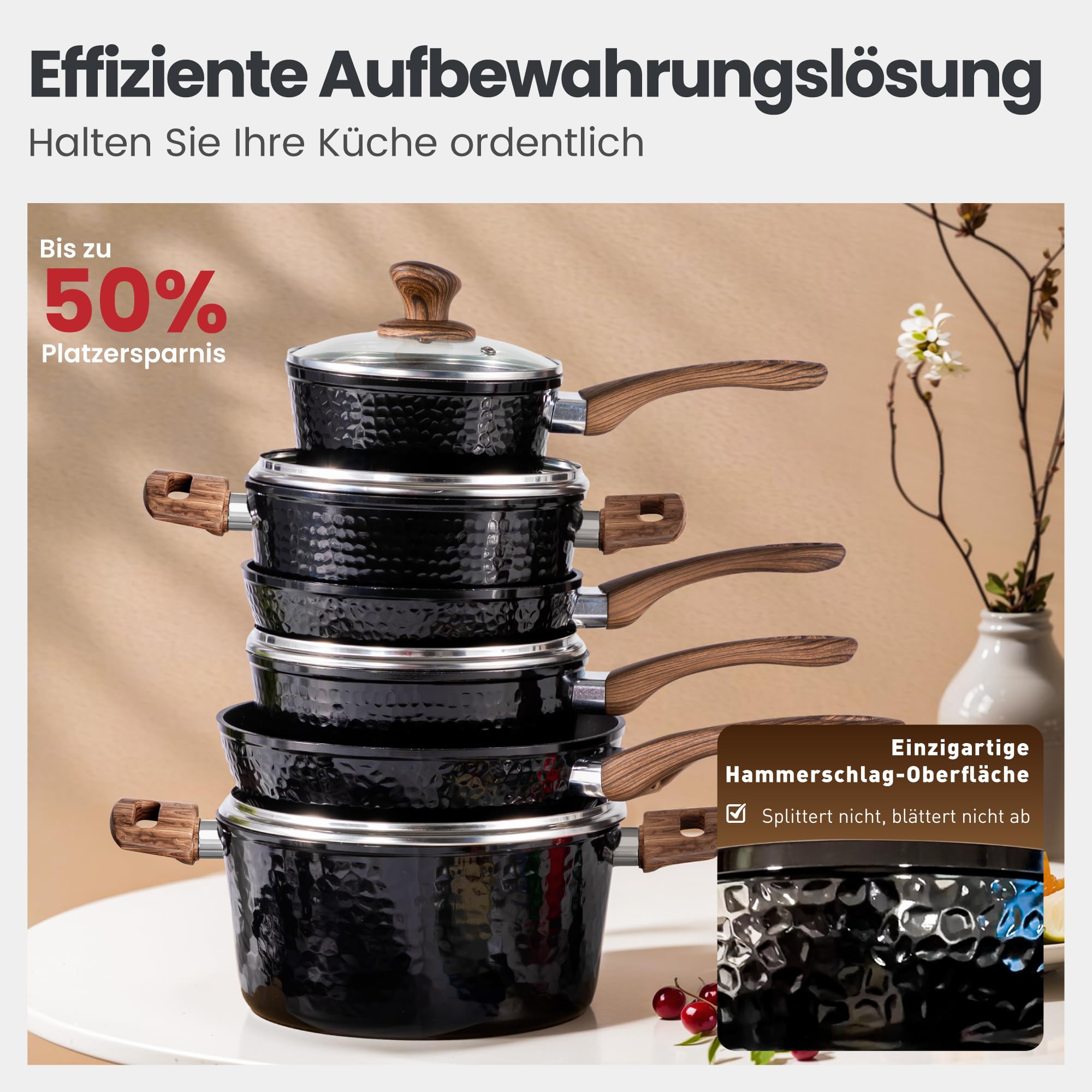 DishDelight Topf und Pfannenset 15-teilige Antihaftbeschichtung Töpfe und Pfannen für Induktion alle Herdarten Geeignet Bratpfanne mit Deckel
