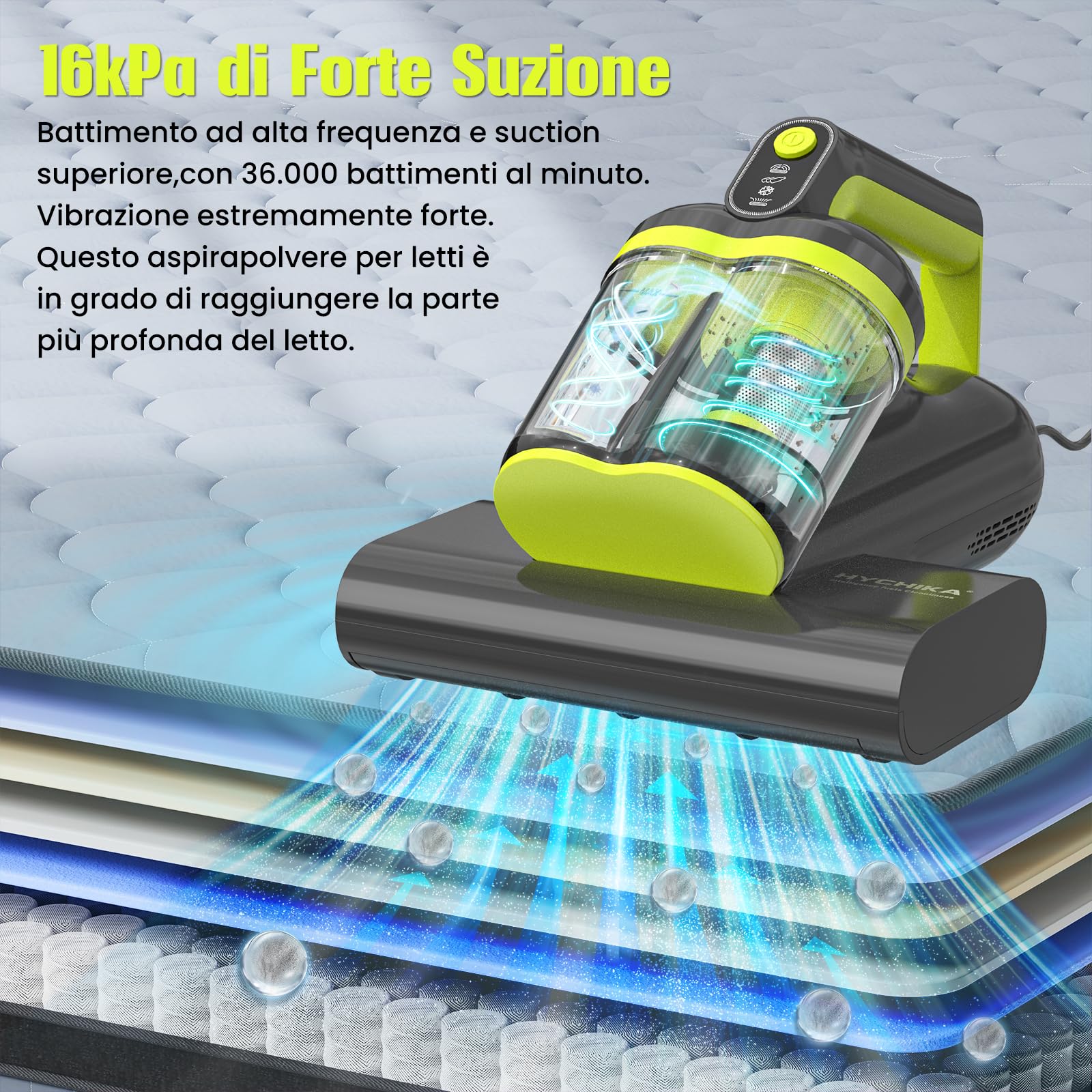 HYCHIKA Aspirapolvere per materassi - 16kPa Battimaterasso Antiacaro con luce UV-C,ad ultrasuoni,60°C, aria calda,doppio ciclone, rimuove il 99,2% degli allergeni, per materassi, letti,divani
