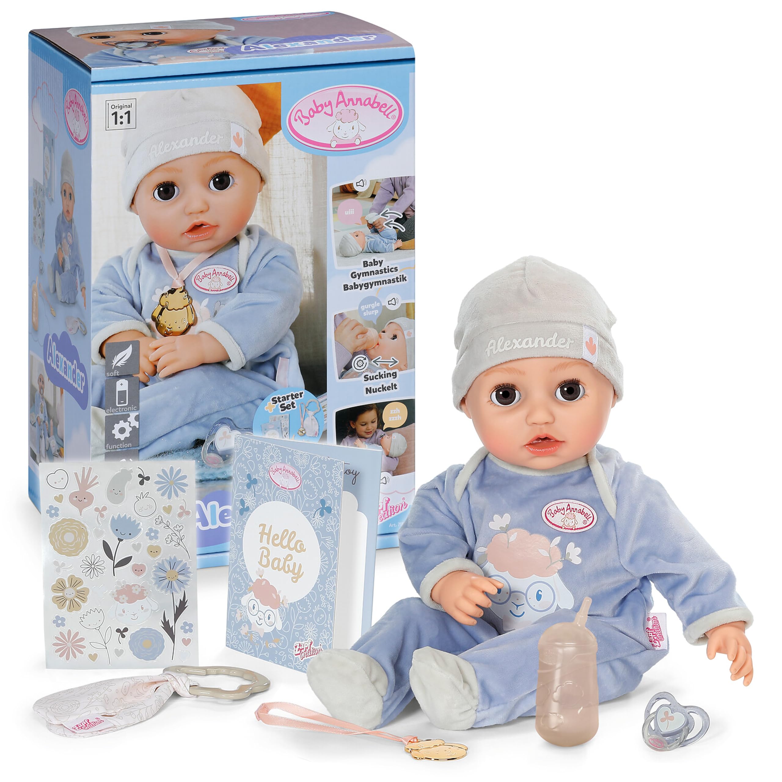 Baby Annabell Interactive Alexander 43cm, Soft bodied baby doll with realistic movements, sounds & accessories