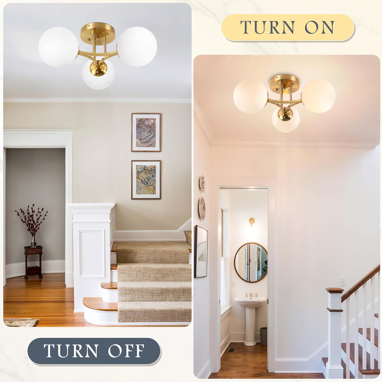 3 Lights Globe Mid Century Ceiling Light Modern Semi Flush Mount Ceiling Light Sputnik Chandeliers with Milk Glass Shade Gold Chandeliers for Living Room Dining Room Bedroom