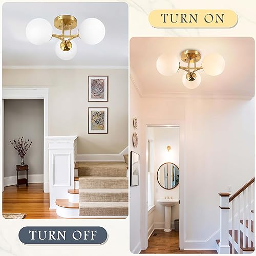 Miniatura 6 de Lámpara de techo de 3 luces de globo de mediados de siglo, moderna lámpara de techo semiempotrada, candelabros Sputnik con pantalla de vidrio de