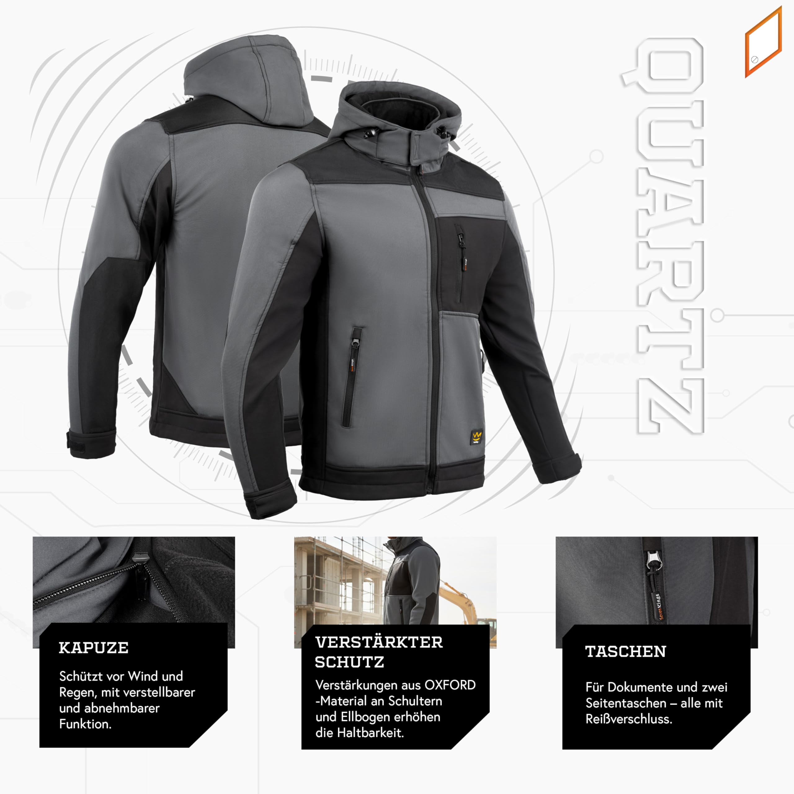 Seven Kings Softshelljacke für Herren – Arbeitsjacke mit Kapuze – wasserdicht (>3000mm) & atmungsaktiv - Übergangsjacke mit OXFORD-Verstärkungen, Reißverschluss und vielen Taschen