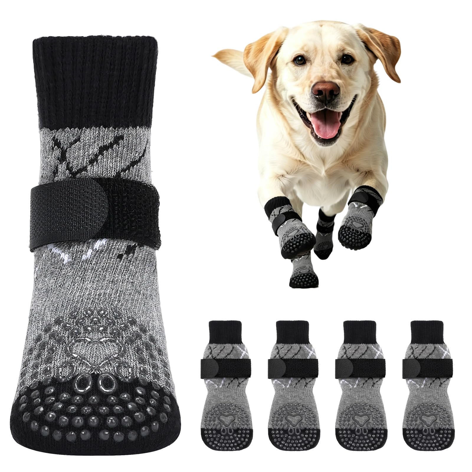 PETLOFT Non-Slip Dog Socks, Prevent Licking, Slipping, and Scratching, Enhance Traction, Suitable for Medium to Large Dogs, Adjustable with Elastic Hook and Loop (XL, Grey, Polka Dots)