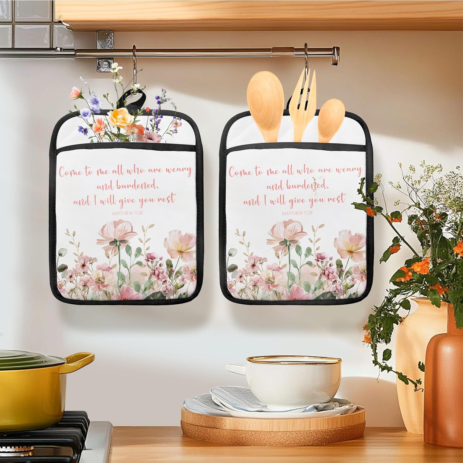 Christian Gifts for Women Oven Mitts Set, Religious Bible Verse Gifts, Pastel Wildflowers Floral Heat Resistant Kitchen Oven Gloves for Baking and Cooking,Pot Holders