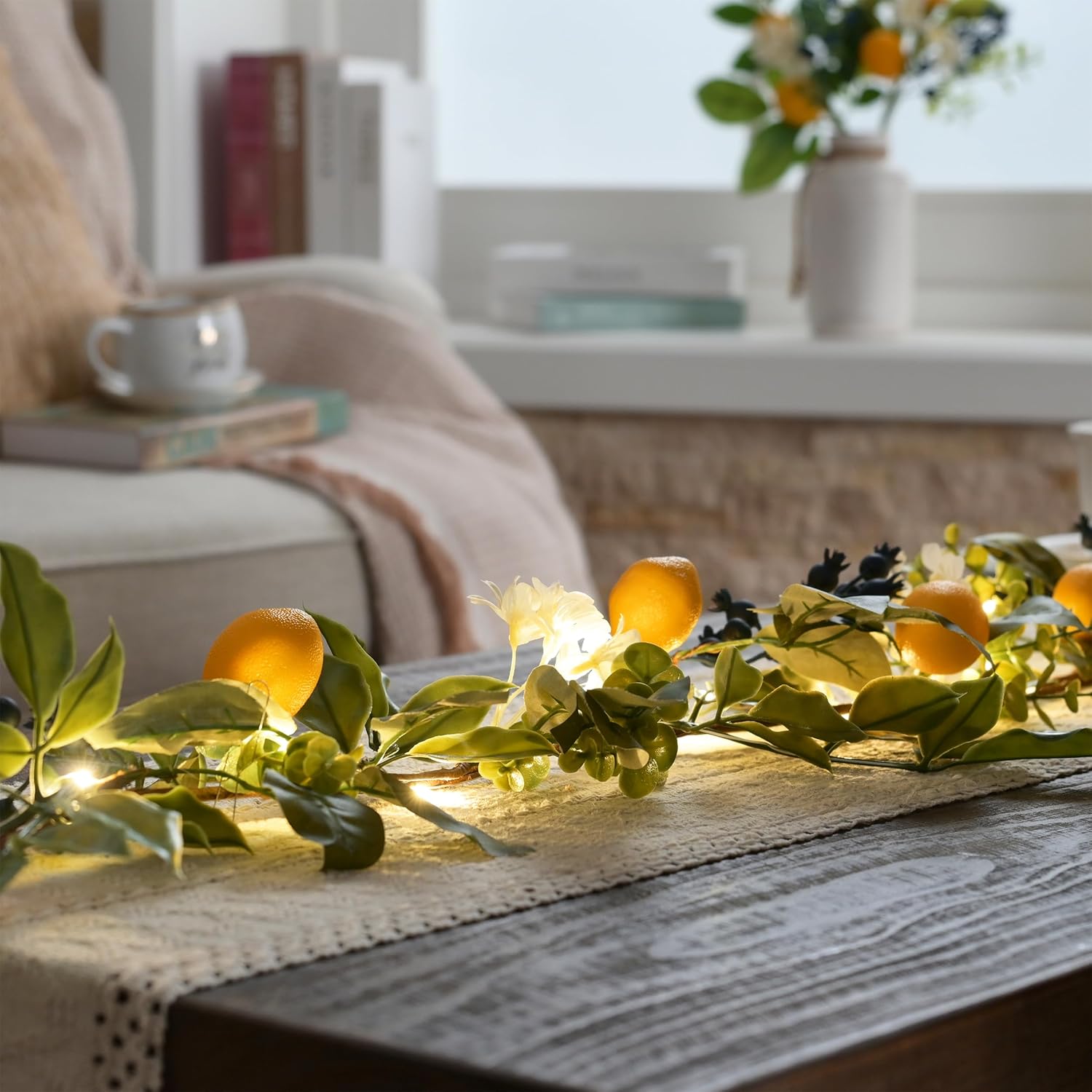 Valery Madelyn 6ft Pre-Lit Lemon Garland with Greenery, Thin Spring Summer Garland for Mantle with Lights, Artificial Fruit Vine for Stairs Fireplace Table, Farmhouse Kitchen Home Wall Party Decor