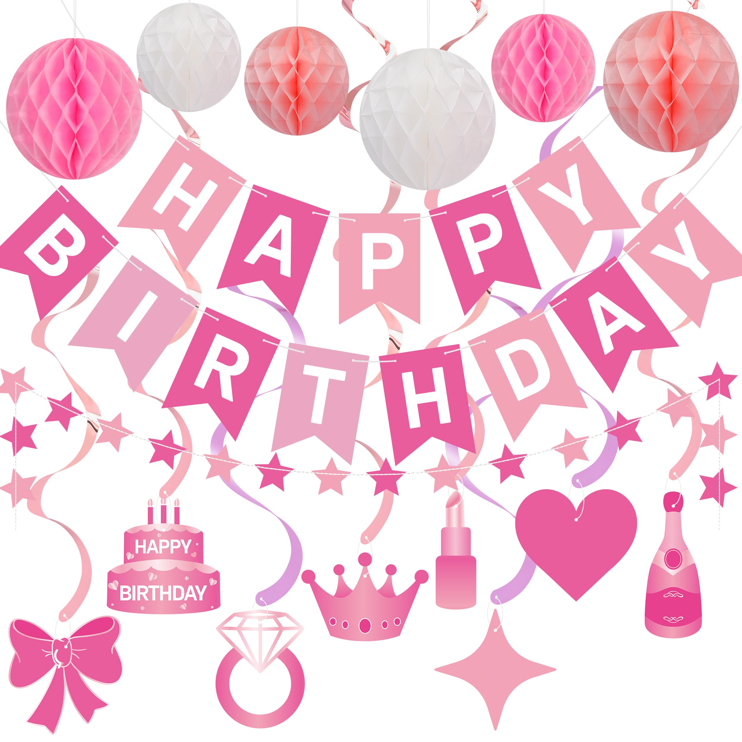 Crosize Pink Happy Birthday Decorations Kit for Women Girls Kids, Pre-Strung Birthday Banner Sign with Tissue Paper Poms, Star Garland, Hanging Swirls Streamers for Party Decor