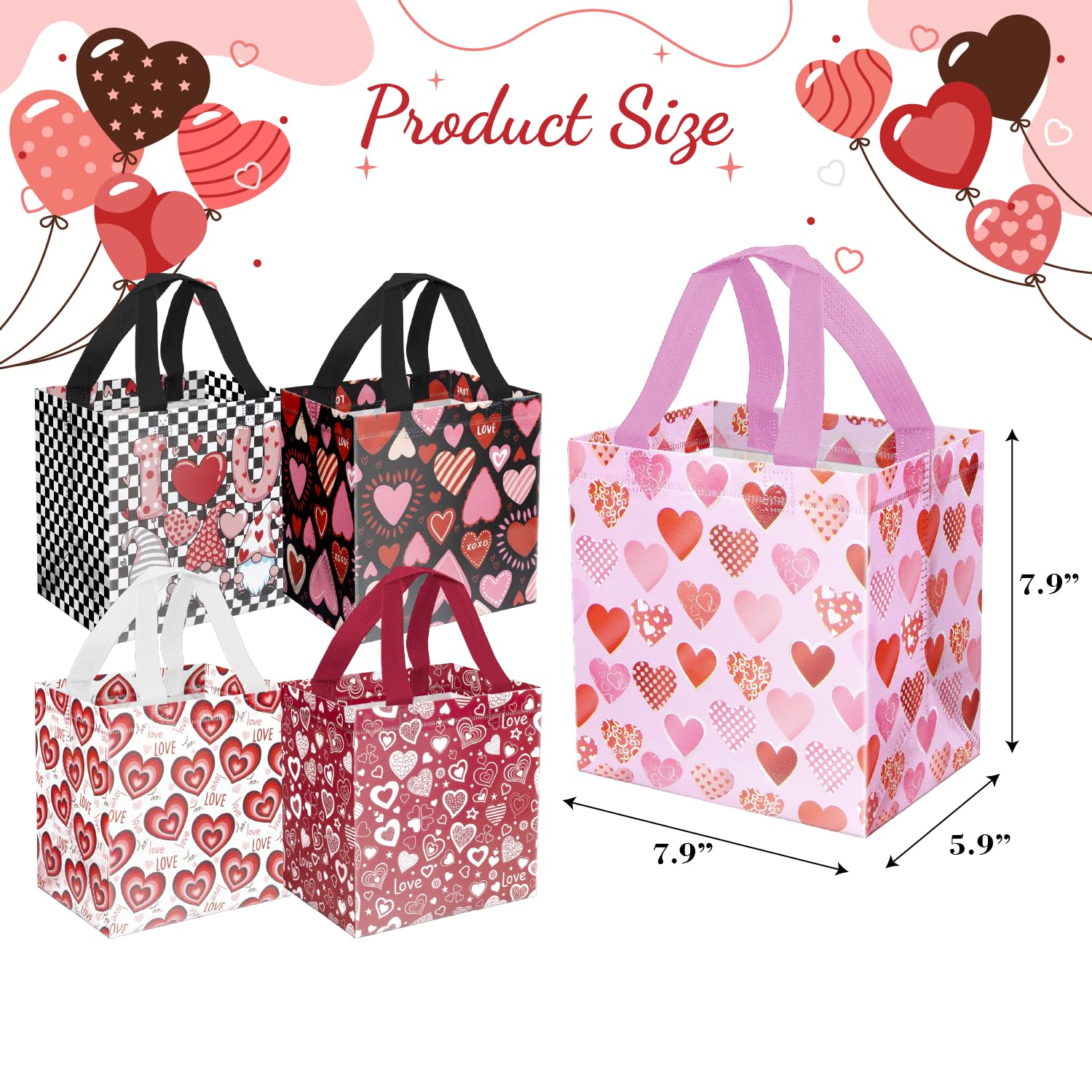 XiaosRen 10PCS Love Heart Valentine's Day Reusable Gift Bags, Non-Woven Valentines Tote Bags with Handles for Presents Wrapping, Kids Valentine Party Favor.