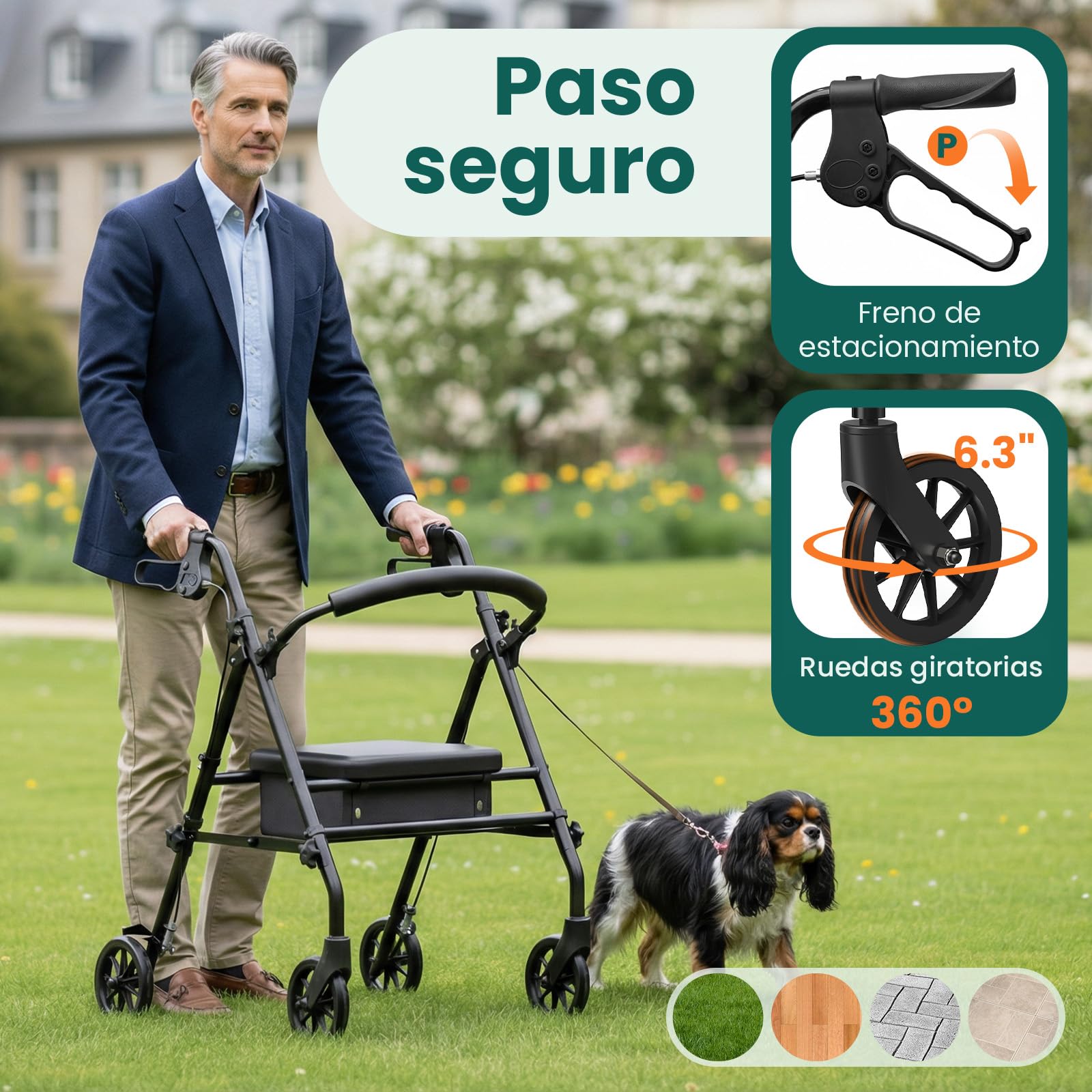 Andador Rollator con Asiento y Almacenamiento – Ayuda de Marcha Ligera y Plegable de 4 Ruedas para Adultos Mayores y Discapacitados, Uso Interior y Exterior, Negro