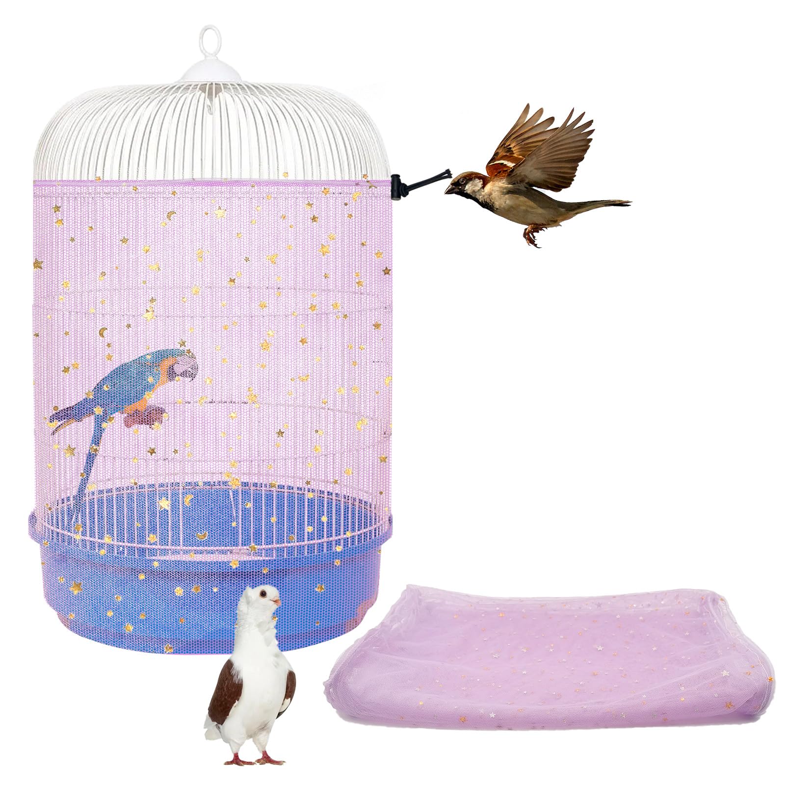 Bird Cage Cover, 45-90'' Adjustable, Universal Nylon Mesh Net, Bird Cage Skirt Guard, Purple