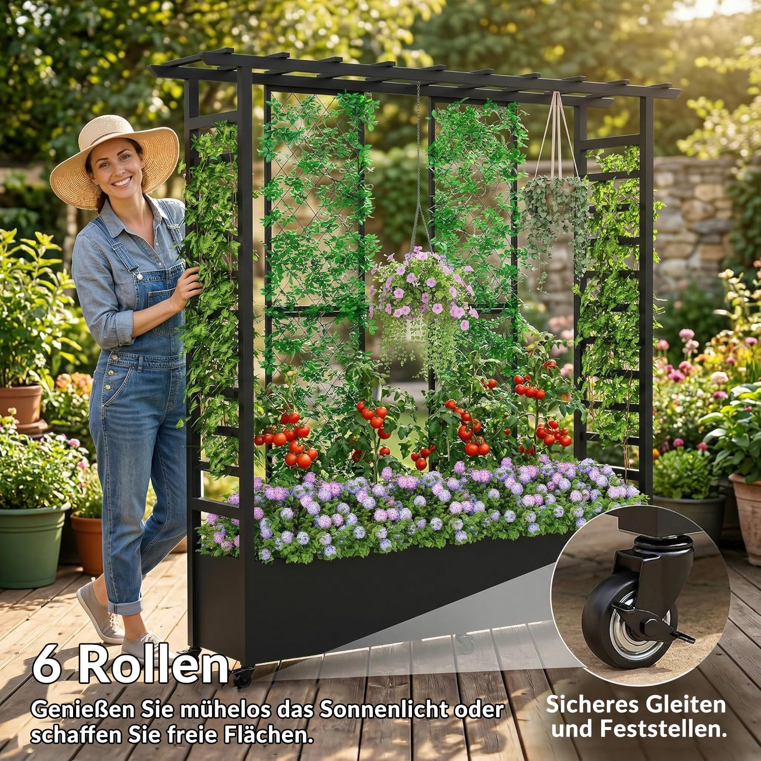 Hochbeet mit Rankgitter und Hängedach, freistehender Metall-Pflanzkasten mit Rollen, mobiler Pflanzkasten für drinnen und draußen für Kletterpflanzen, Blumen, für Garten, Terrasse und Hof