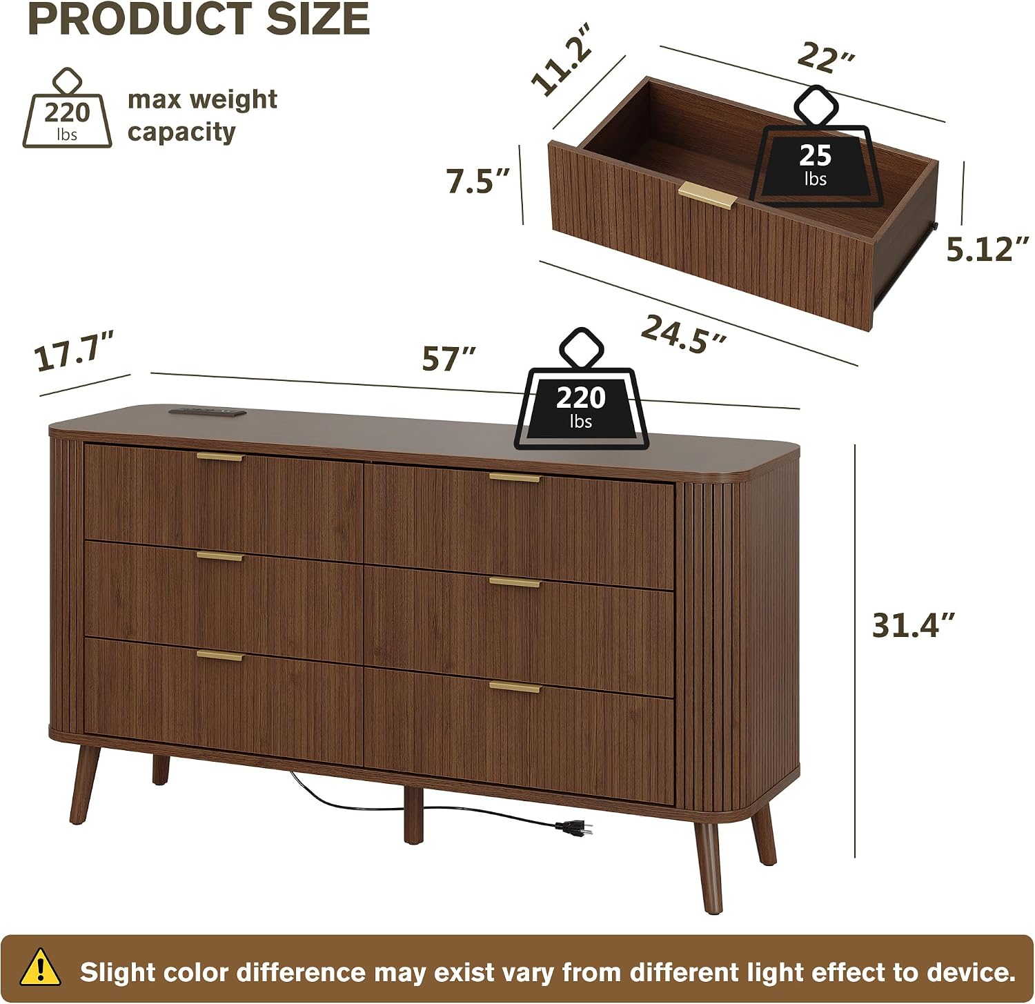 Diagram showing the dimensions of the dresser: 57 inches wide, 17.7 inches deep, and 31.4 inches high. It also indicates a maximum weight capacity of 220 lbs for the top surface and 25 lbs per drawer.