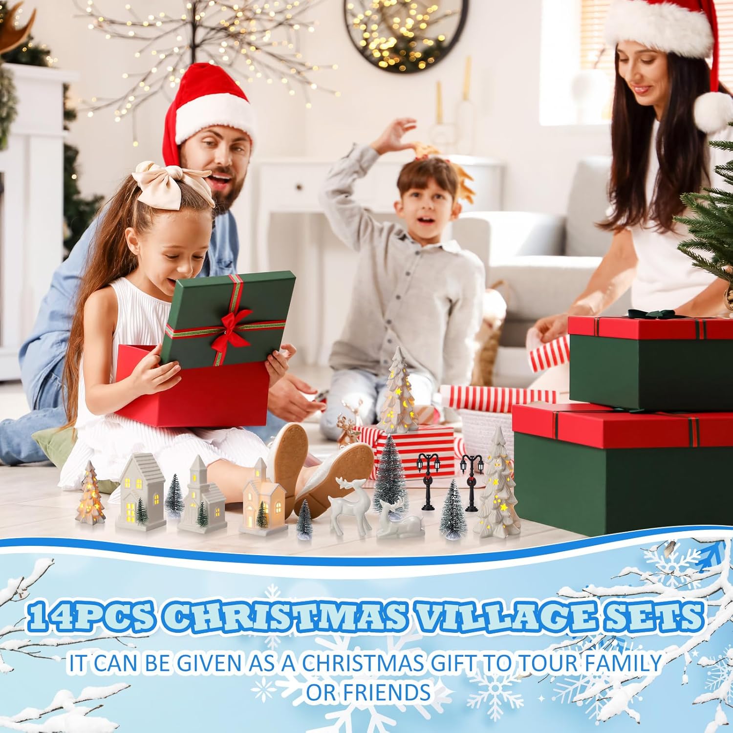 Nuogo 14 Pcs Ceramic White LED Christmas Village Houses Set Including Christmas Tree Porcelain Reindeer Figurine Small House Lamp Post Ceramic White Winter Village Decors for Xmas Tabletop Fireplace - Image 7