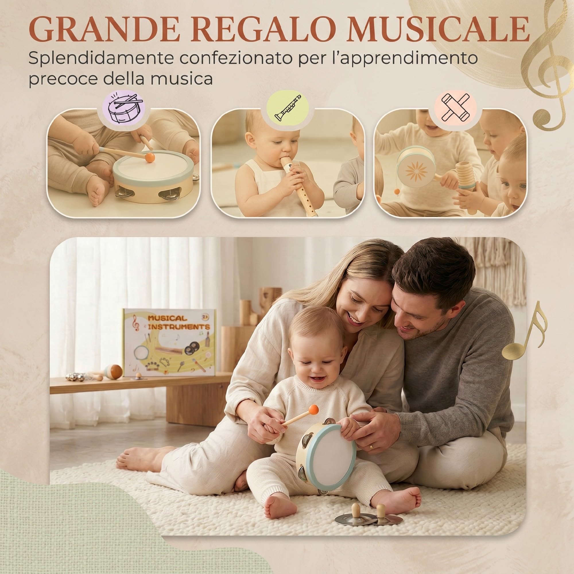 AIYAPLAY Strumenti Musicali per Bambini, Set Percussione Montessori | in Legno, con Tamburello e Maracas, Giocattoli Musicali per Bambini 3+, Regalo per Ragazze e Ragazzi