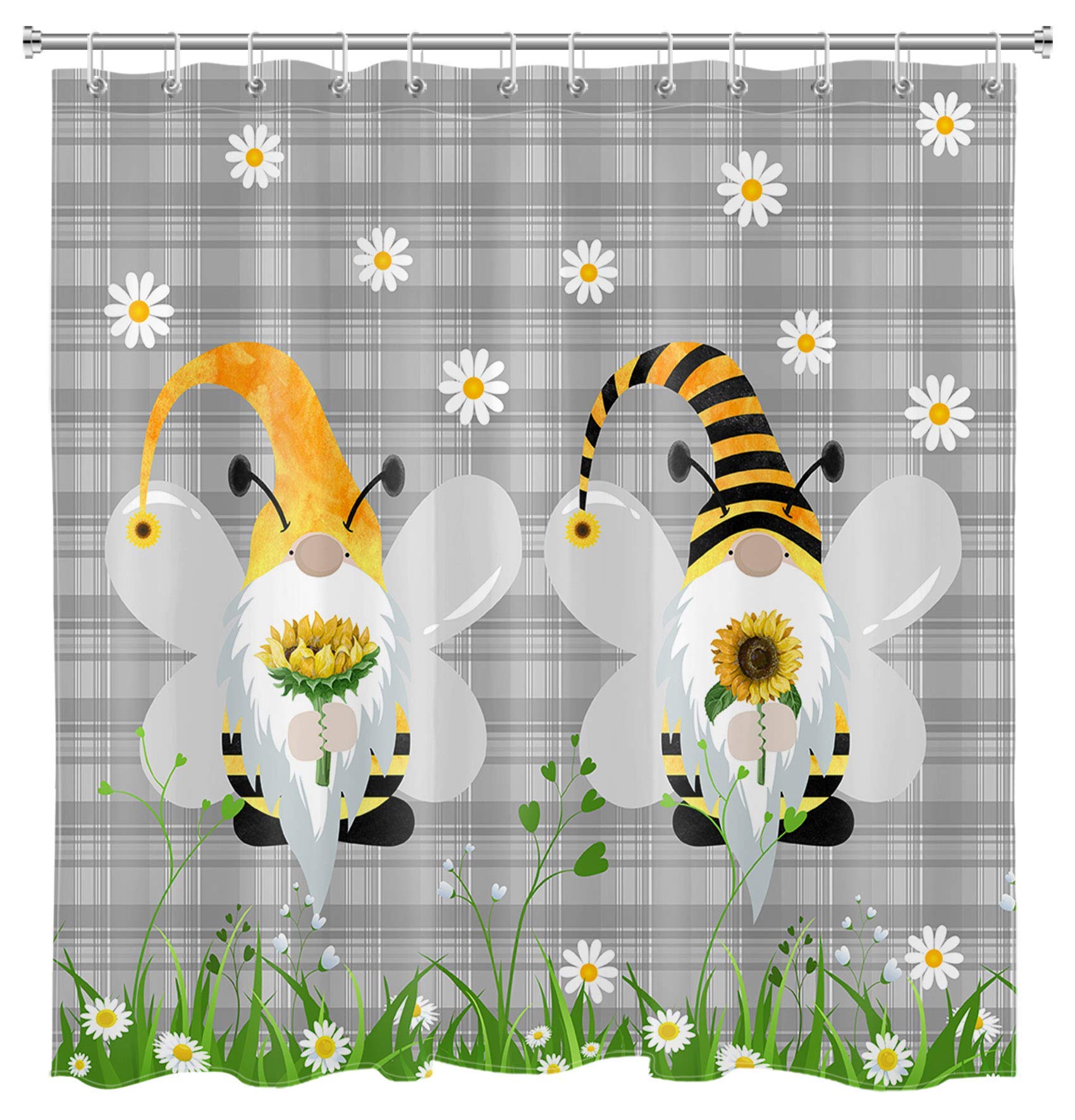 JOOCAR Gnome Bee Shower Curtain Cute Gnomes with Sunflower Daisy Botanical Green Plant on Grey Plaid Buffalo Check Bathroom Curtain with 12 Hooks