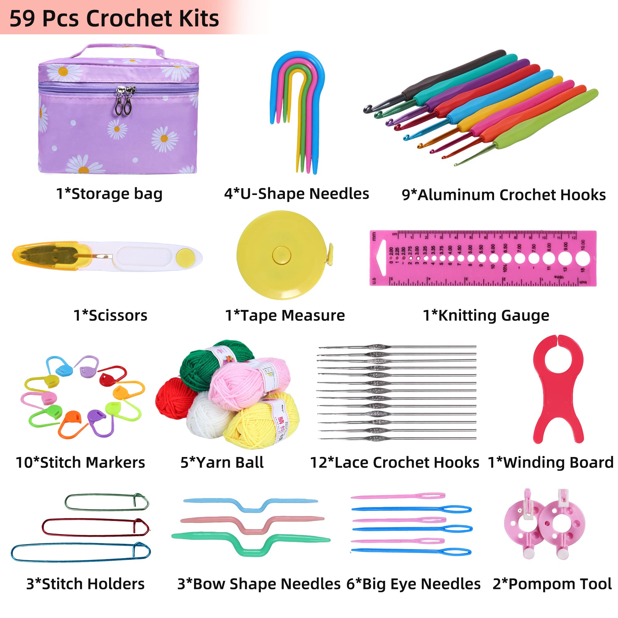 HCSSZ Kit uncinetto per principianti adulti e bambini, 59 pezzi con ganci ergonomici in metallo da 0.6 mm, accessori per lavori a maglia e borsa per riporre, set di avviamento all'uncinetto (viola HCSSZ Kit uncinetto per principianti adulti e bambini, 59 pezzi con ganci ergonomici in metallo da 0.6 mm, accessori per lavori a maglia e borsa per riporre, set di avviamento all'uncinetto (viola