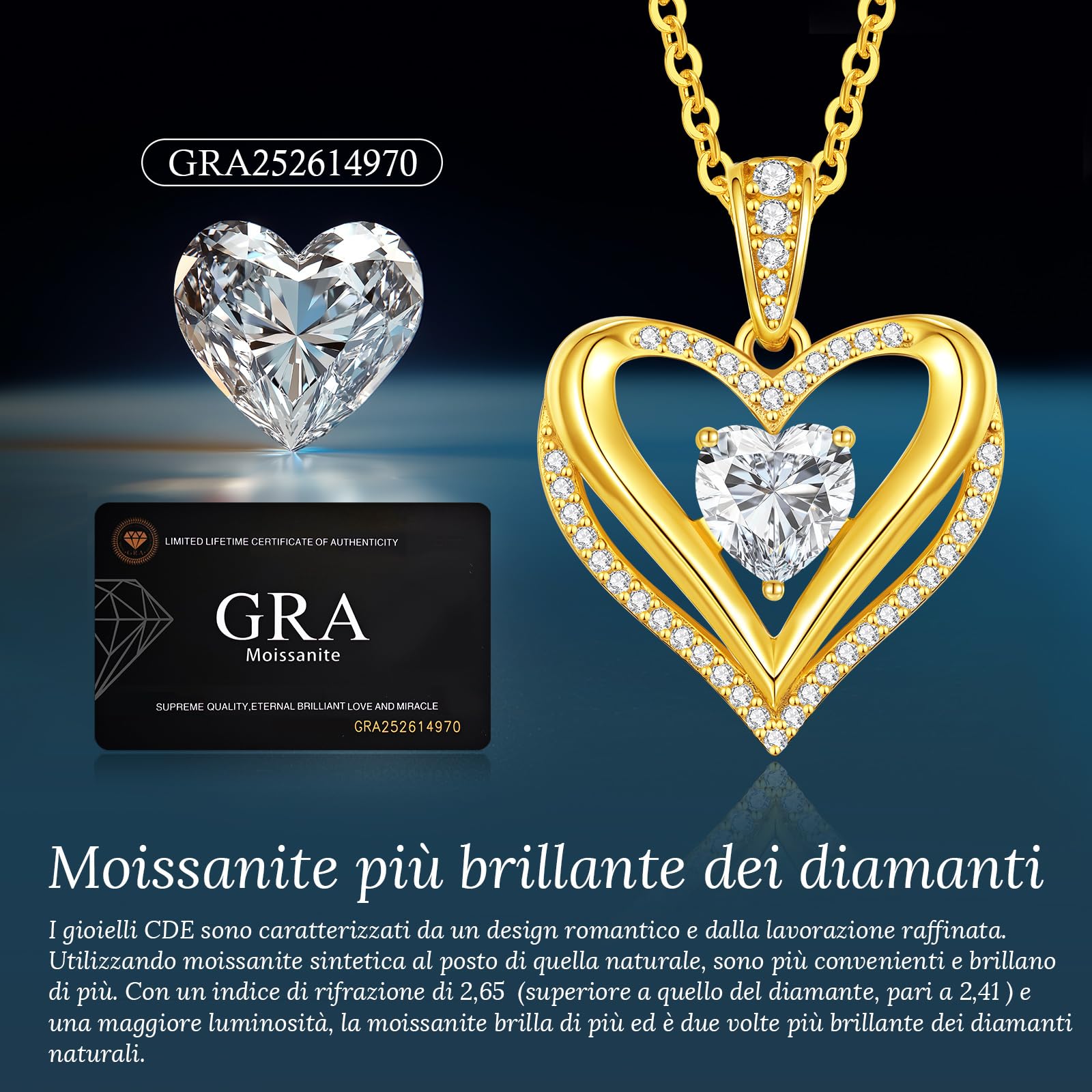 CDE Collana Donna Cuore Moissanite Amore Eterno Argento 925 Regalo Donna | Taglie da 1-3 Carati Luminosa Gioielli per Lei San Valentino Natale Regalo di Anniversario,Compleanno,Moglie,Fidanzata,Mamma