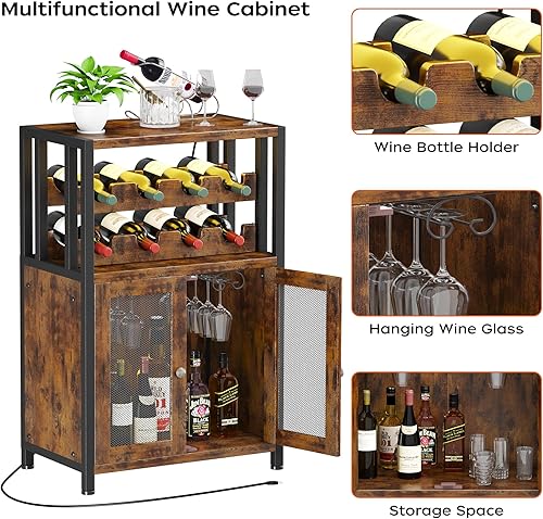 Miniatura 3 de Homeiju Wine Bar Cabinet with Detachable Wine Rack & Glass Holder, Farmhouse Coffee Bar Cabinet with USB Port & Led Lights, Small Sideboard Buffet