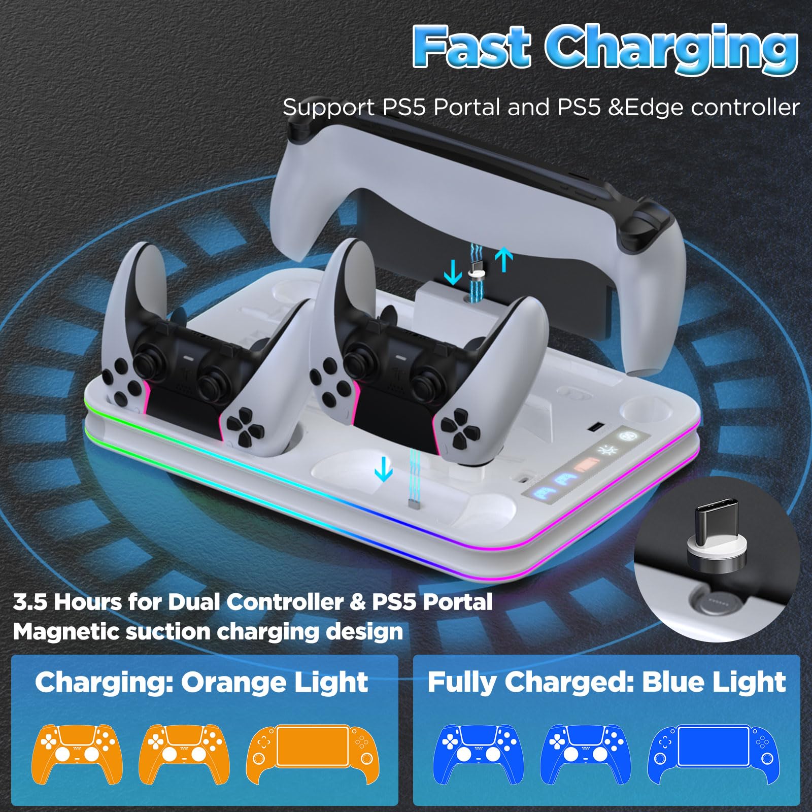 Supporto sottile e stazione di raffreddamento per PS5/PS5 con controller RGB LED stazione di ricarica per PlayStation 5, dock di ricarica per controller PS5 Edge e PS Portal PS5/PS5 accessori sottili