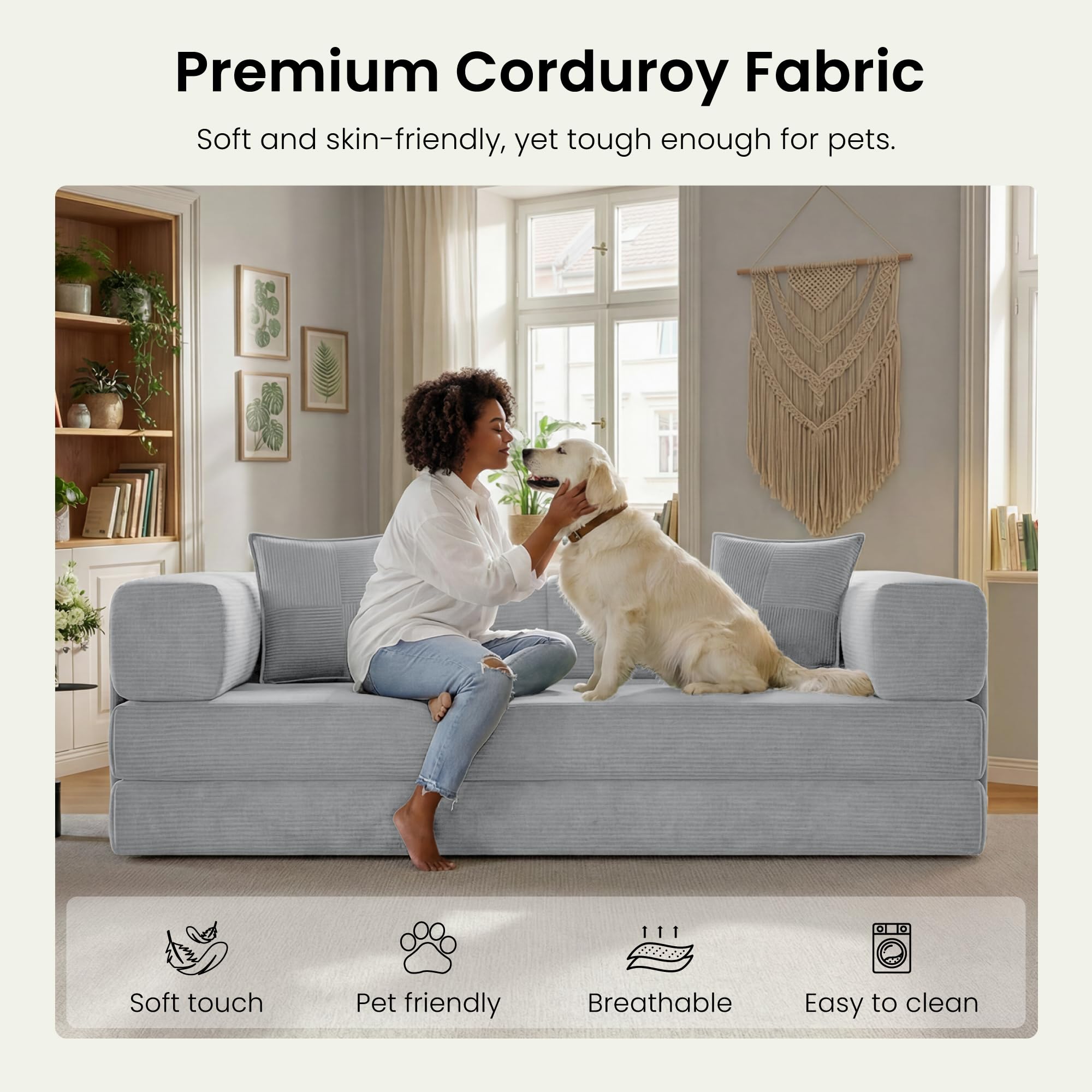 78.8" Convertible Futon Sofa Bed, Boneless Couch for Living Room | Corduroy Boneless Loveseat Sleeper Sofa, Modular Futon Couch with Storage Pocket, Pull Out Couch No Assembly | Grey