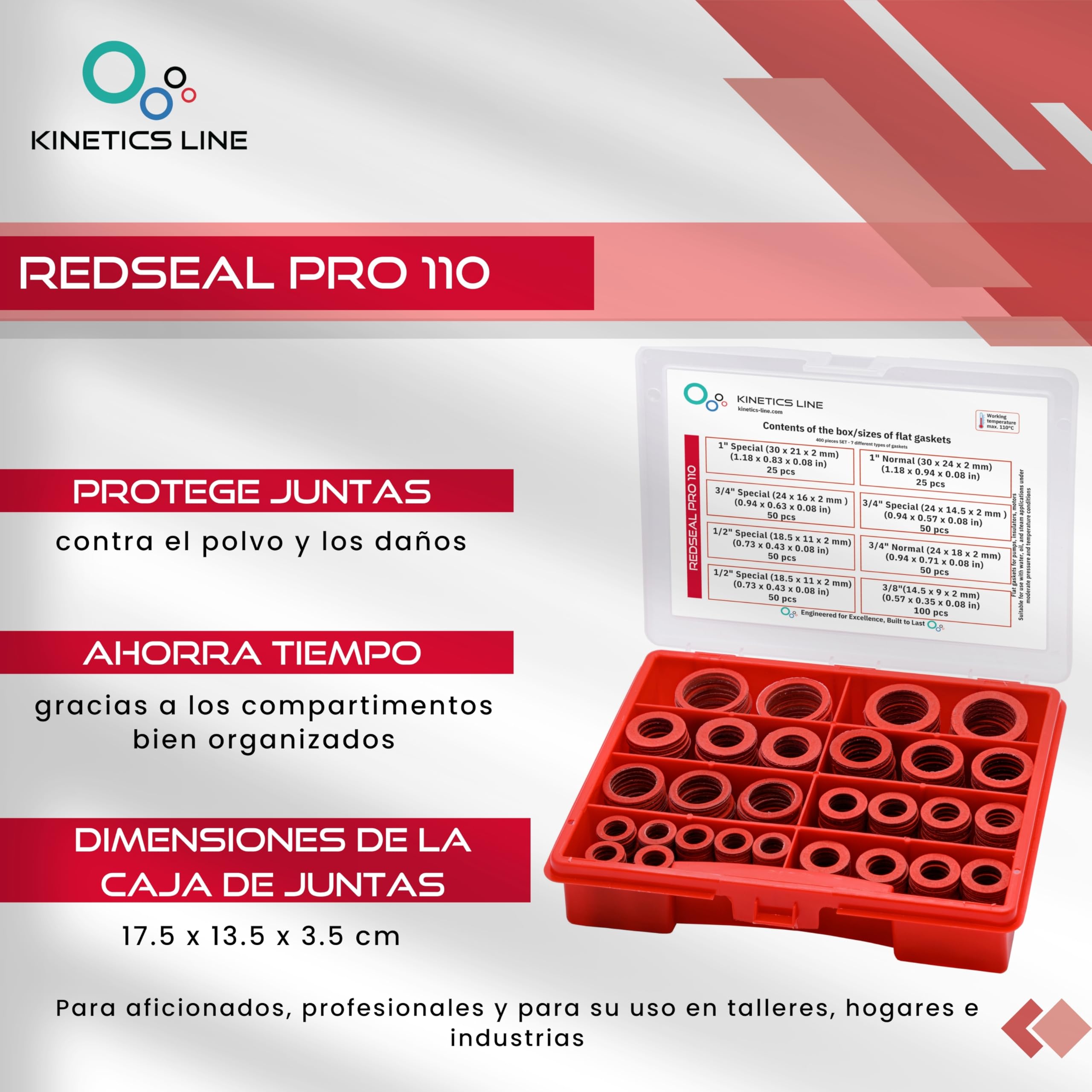 Caja de Juntas con 400 Juntas Planas de Fibra de Vulcanita 3/8–1 Pulgada – Juntas Rígidas y Estables para Bombas, Válvulas y Conexiones Roscadas – Hasta 110 °C