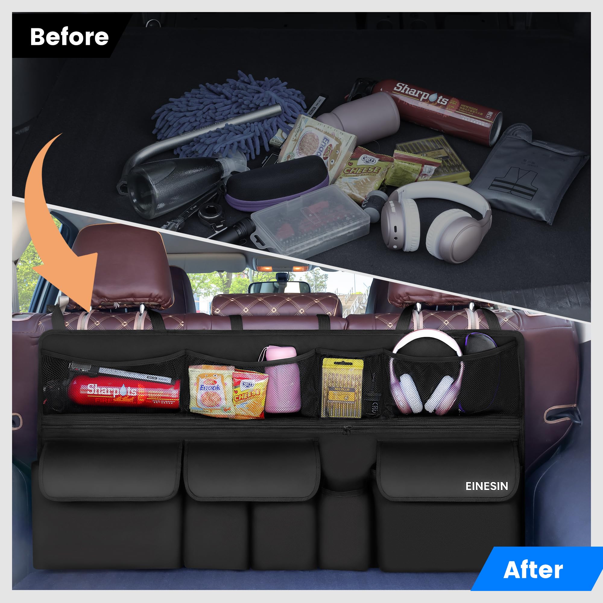 Einesin Kofferraum Organizer Auto, multi Aufbewahrungstasche für auto mit Netztaschen, Auto Aufbewahrungstasche mit 9 Pocket, schwarz