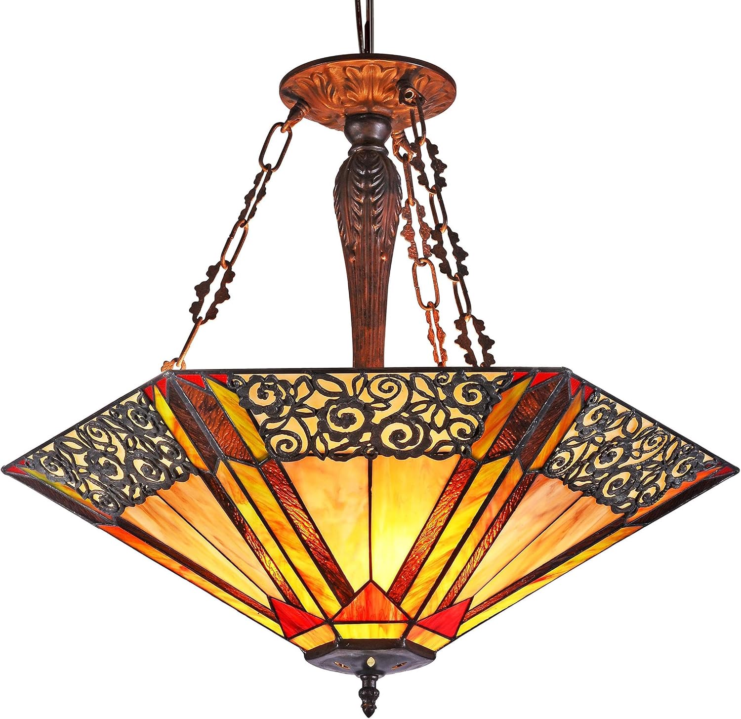Pemberly Row Tiffany-Style 3-Light Ceiling Pendant, 24 in Shade, Dark Antique Bronze Finish, Handcrafted Stained Glass, Mission Design, Indoor Lighting for Living Room, Bedroom, Library