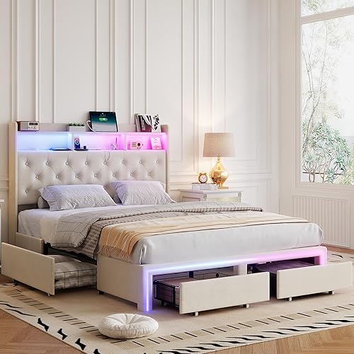Full LED Bed Frame with Storage Headboard & Charging Station,