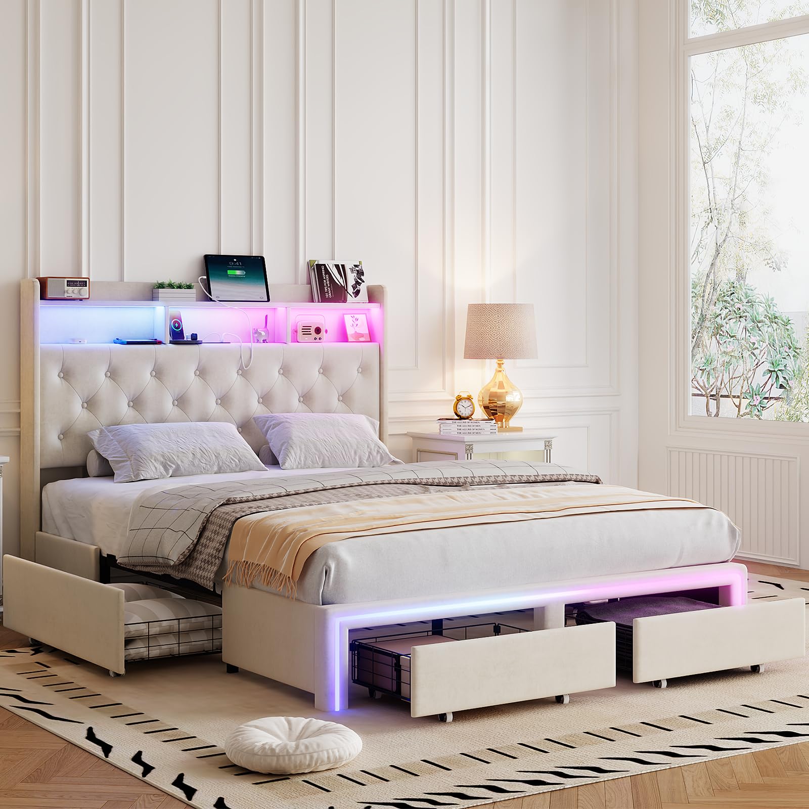 PDCOAK King LED Bed Frame with Storage Headboard & 4 Drawers, Button Tufted Upholstered Platform Bed with Charging Station, Metal Slat Support, No Box