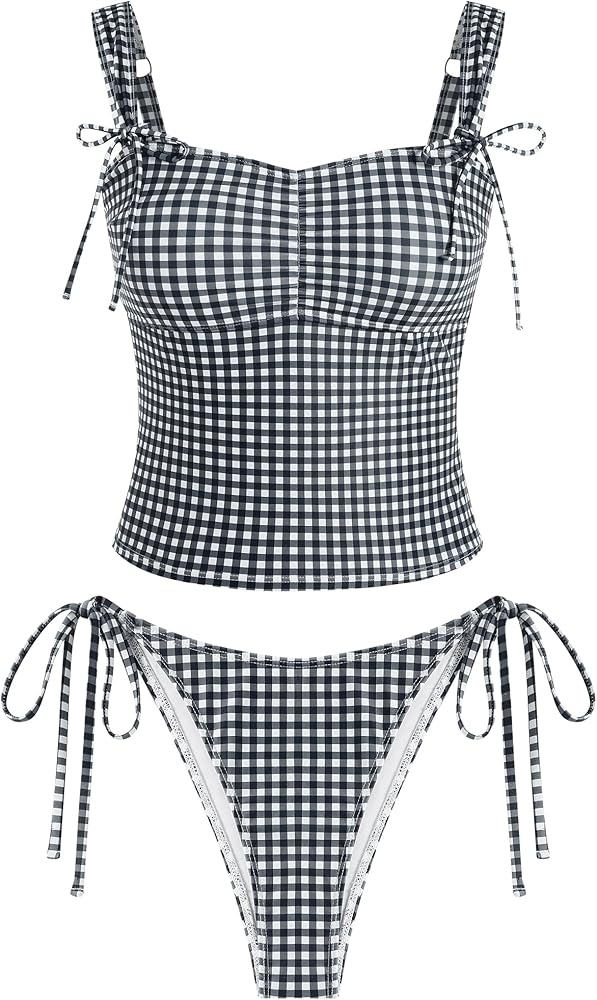 Amazon.com: ZAFUL Women's Gingham Ruched Bowknot Decor Cinched
