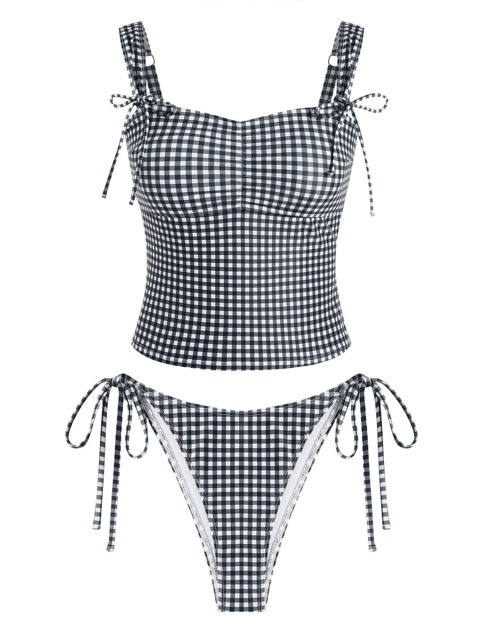 zaful Women's Gingham Ruched Bowknot Decor Cinched Back Tankini Set Tummy Control 2 Piece Bikini Swimsuits-picture-36