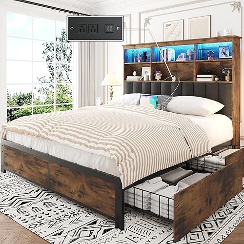 Lifezone Marco de Cama Queen con Cabecero, Marco de Cama Queen con Cabecero de Estantería de Alto Almacenamiento, 4 Cajones de Almacenamiento y