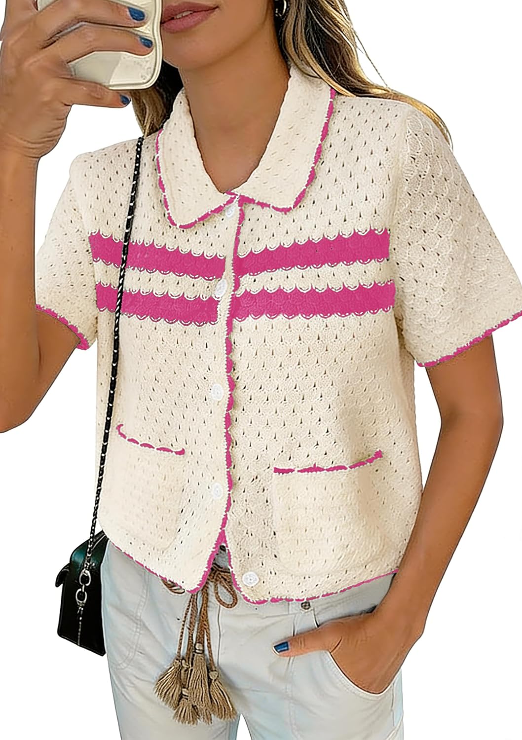 Yousify Womens Casual Summer Short Sleeve Sweaters Button Down Crochet Knit Tops 2026 Loose Cute Cardigan Sweater