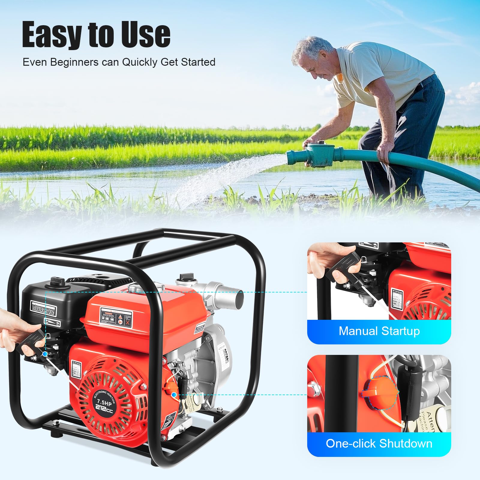 7.5 Hp 2" Portable Gas-Powered Semi-Trash Water Pump Gasoline Water Pump 7.5 Portable Gas Powered Water Gasoline 7.5M Pantaloni