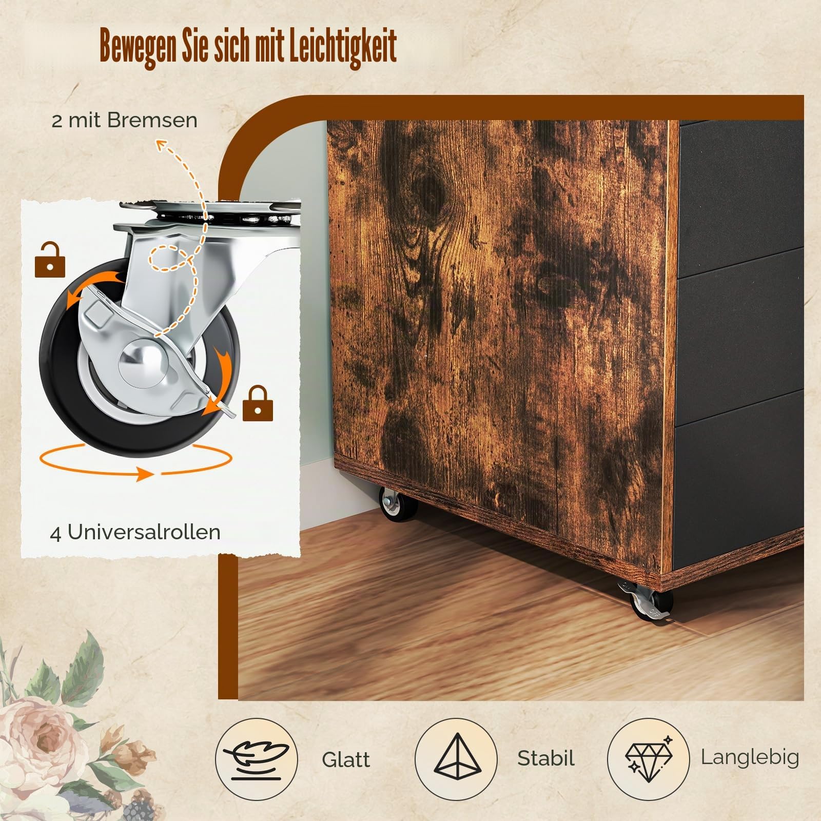 GIANTEX Aktenschrank auf Rollen, Rollcontainer mit Schubladen, mobiler Druckerständer für Home-Office & Büro, für Ordner, Dokumente, Papiere (Schwarz + Braun, 49 x 40 x 65 cm)