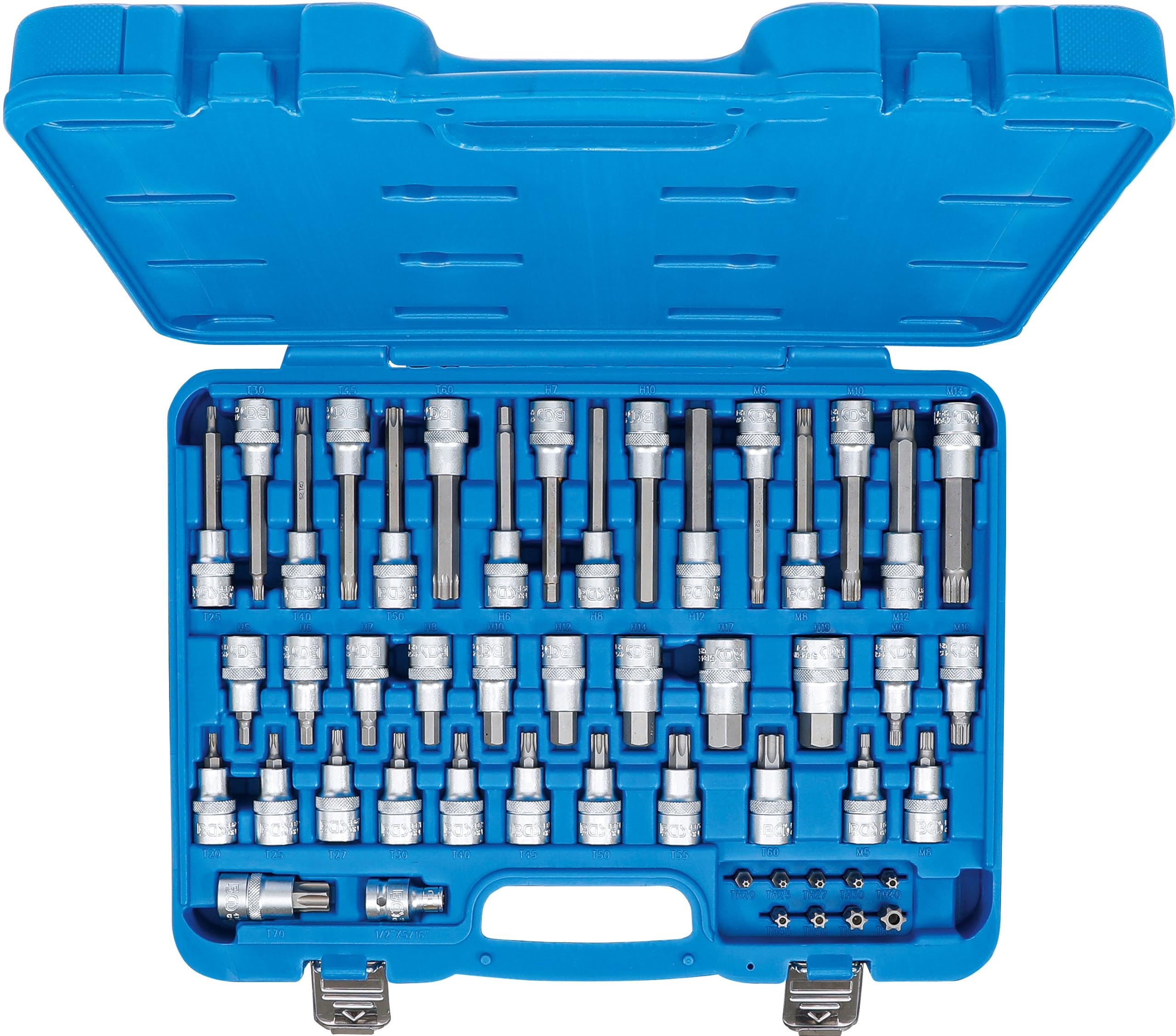 BGS 5188 | Bit-Einsatz-Satz | Antrieb Innenvierkant 12,5 mm (1/2") | 49-tlg | Bit-Einsätze und Bits | Antrieb Außensechskant 8 mm (5/16") | T-Profil (für Torx) mit Bohrung | Chrom-Vanadium-Stahl