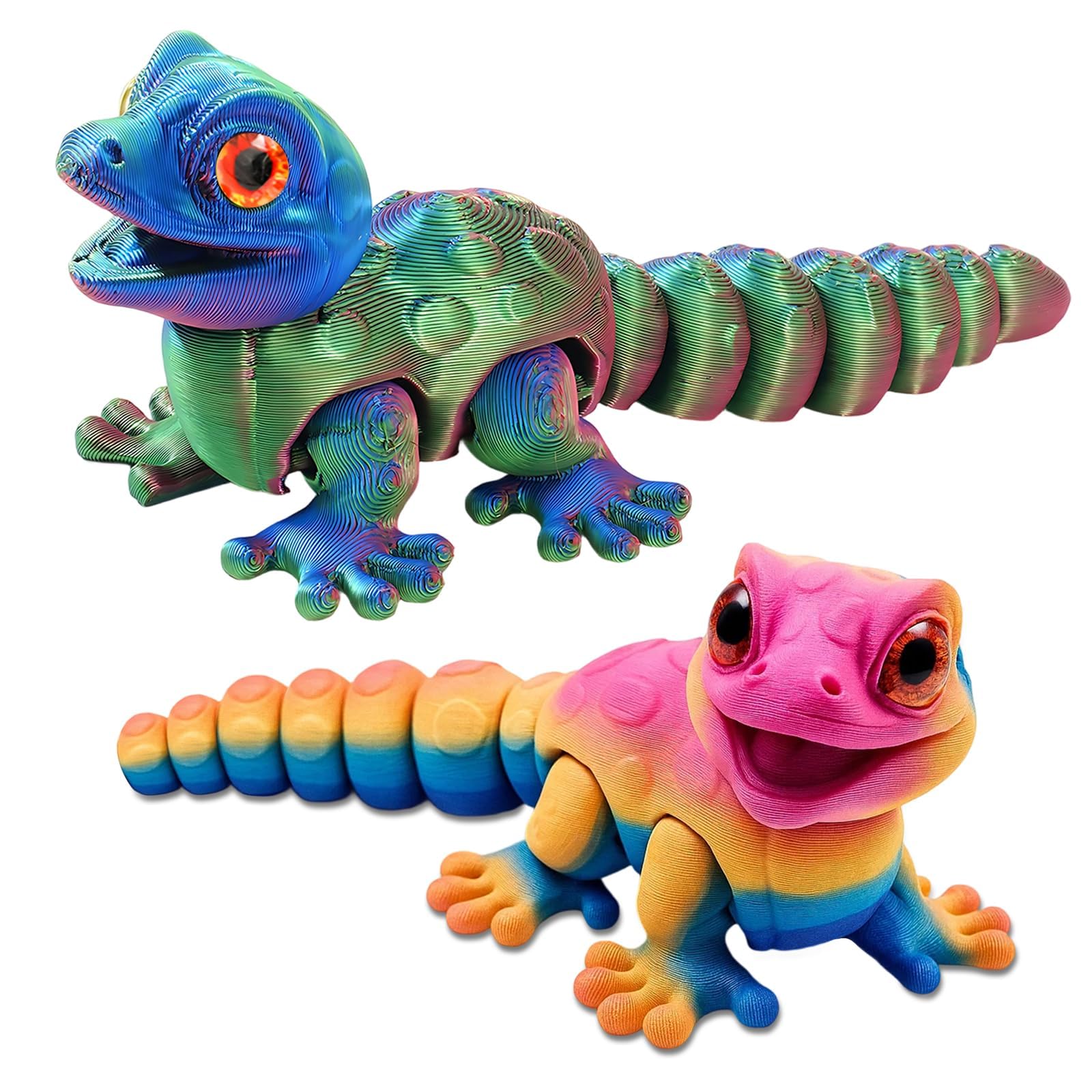 YJWCZJ 2 Pack 3D Printed Geckos, Rainbow Color 3D Printed Animals for Stress Relief and Focus, Vibrant Yellow Blue Green Chameleon Toys for Adults and Kids, Unique Gift and Desk Decor
