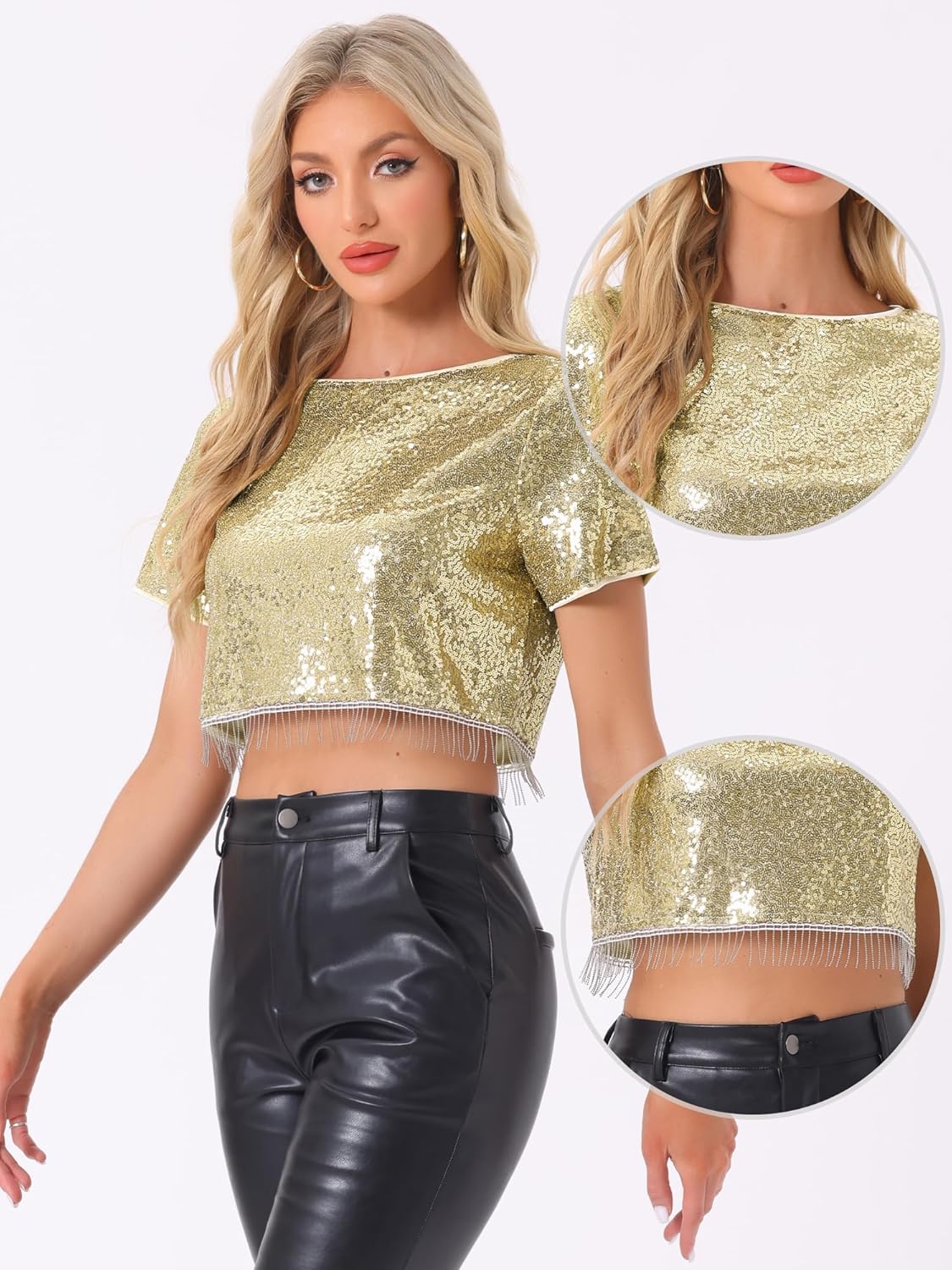 Allegra K Sequin Tops for Women's Glitter Short Sleeve Cropped Round Neck Tassel Cocktail Party Sparkly Top - Image 2