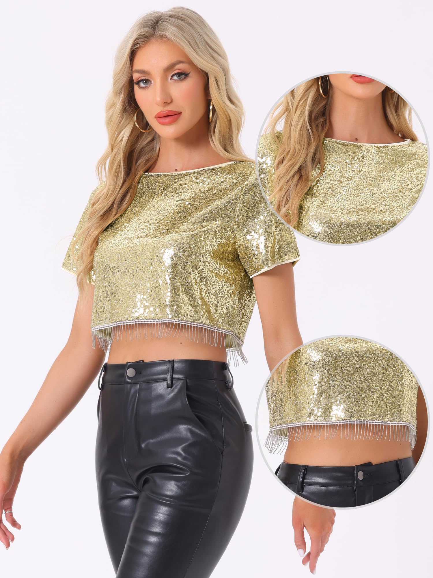 Allegra K Top con paillettes da donna costumi natalizi glitterati manica corta girocollo nappa cocktail party camicette eleganti top scintillante