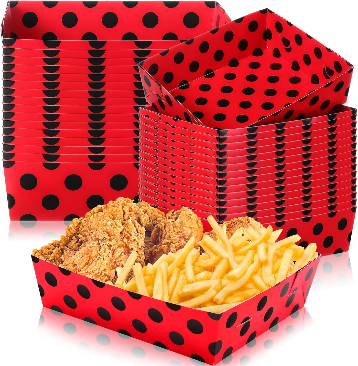 Mifoci 36 Pack Ladybug Birthday Party Tableware Supplies 5 lb Large Red Black Dots Paper Serving Trays Boats for 1st Birthday Baby Shower Ladybug Party
