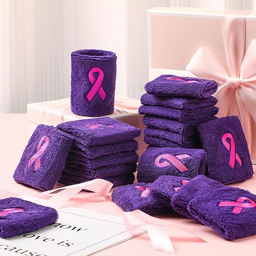 Miniatura 10 de Leyndo 100 muñequeras de cinta rosa para concientización sobre el cáncer de mama, muñequeras para gimnasia, deportes, muñequeras de algodón,
