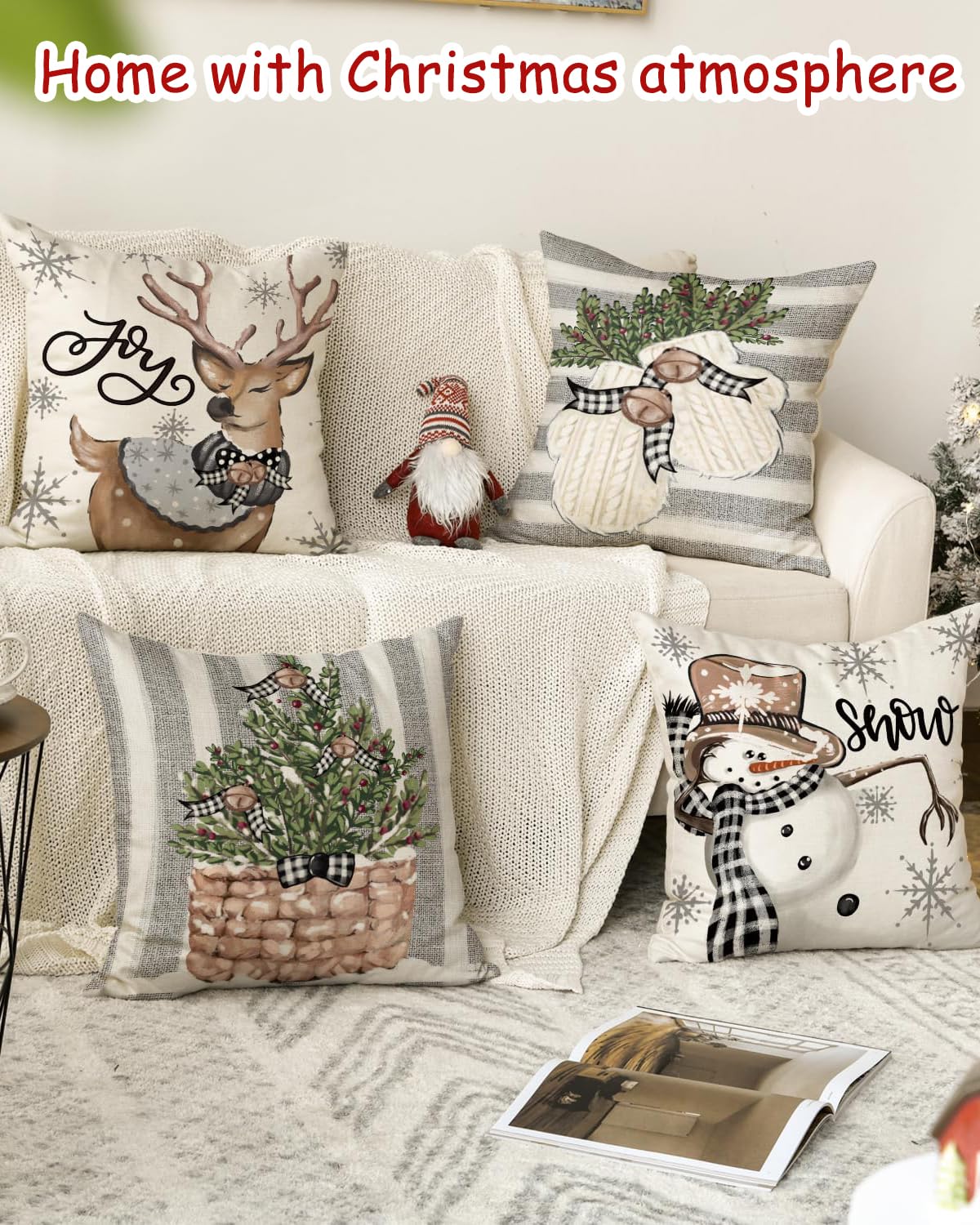 4 Housses Coussin Noel 45x45cm Deco Canapé Taie D'oreiller En Lin Et