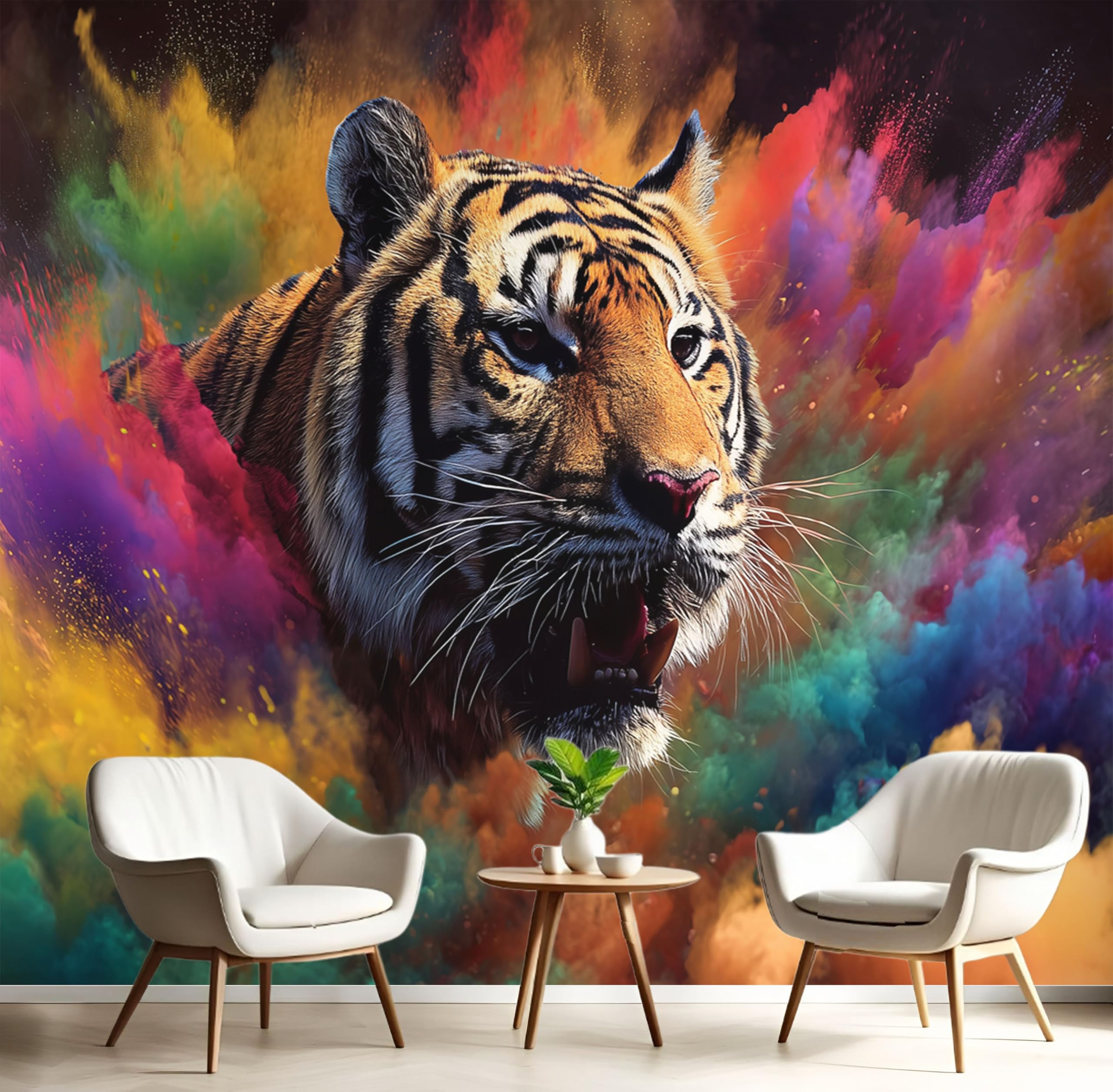Papier peint panoramique jaune moutarde 250x175 revêtement mural tigre de salon