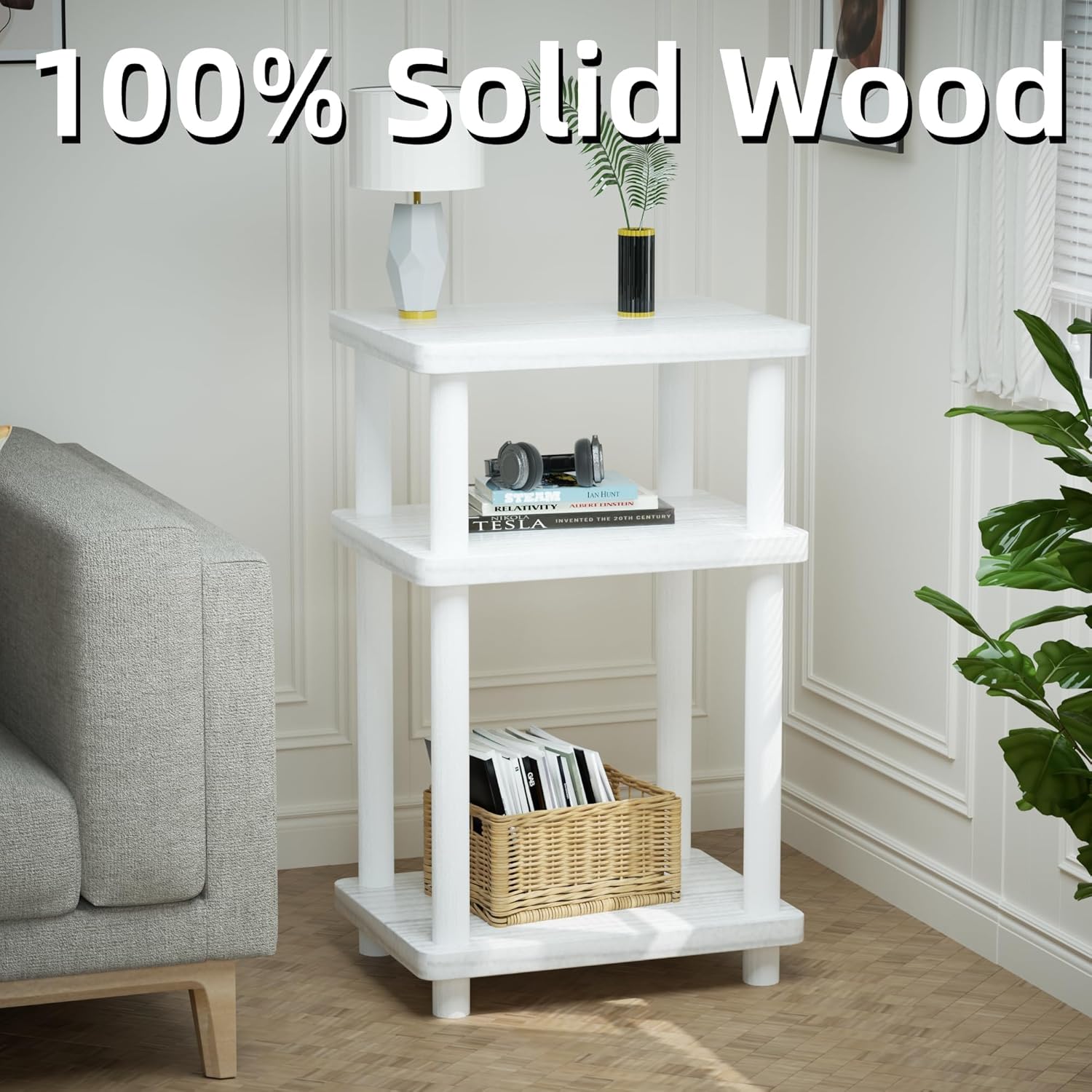 DALEMHOME Solid Wood 3 Tier End Table, Side Table Sofa Couch Table for Living Room, Night Stand Storage Shelf, for Small Space, Easy Assembly, for Living Room, Bedroom, Apartment, White