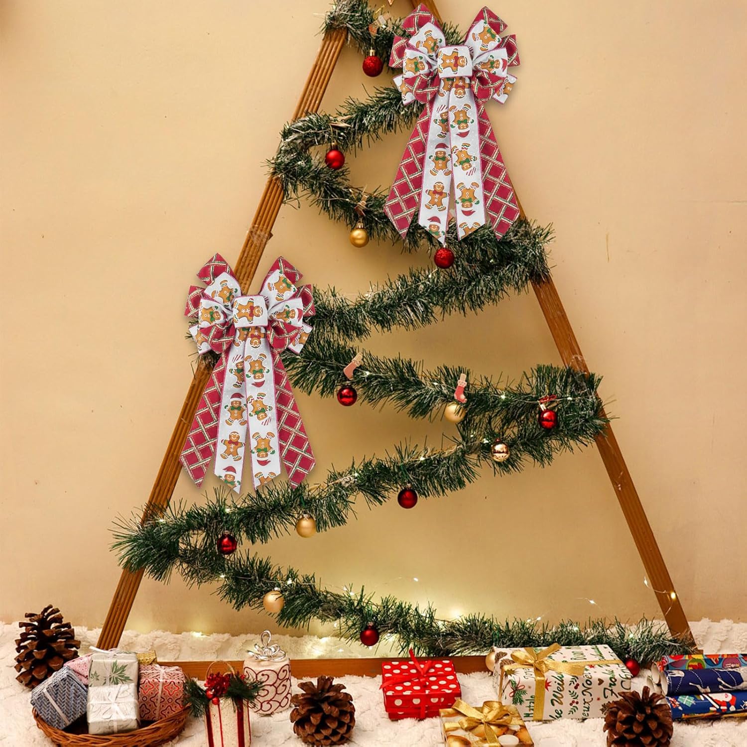 Large Christmas Wreath Bow Decor Bows Red Plaid Snow and Gingerbread Cookies Burlap for Wreath, Christmas Tree Topper for New Year Home Indoor Outdoor Decoration Ornament Supplies - Image 6